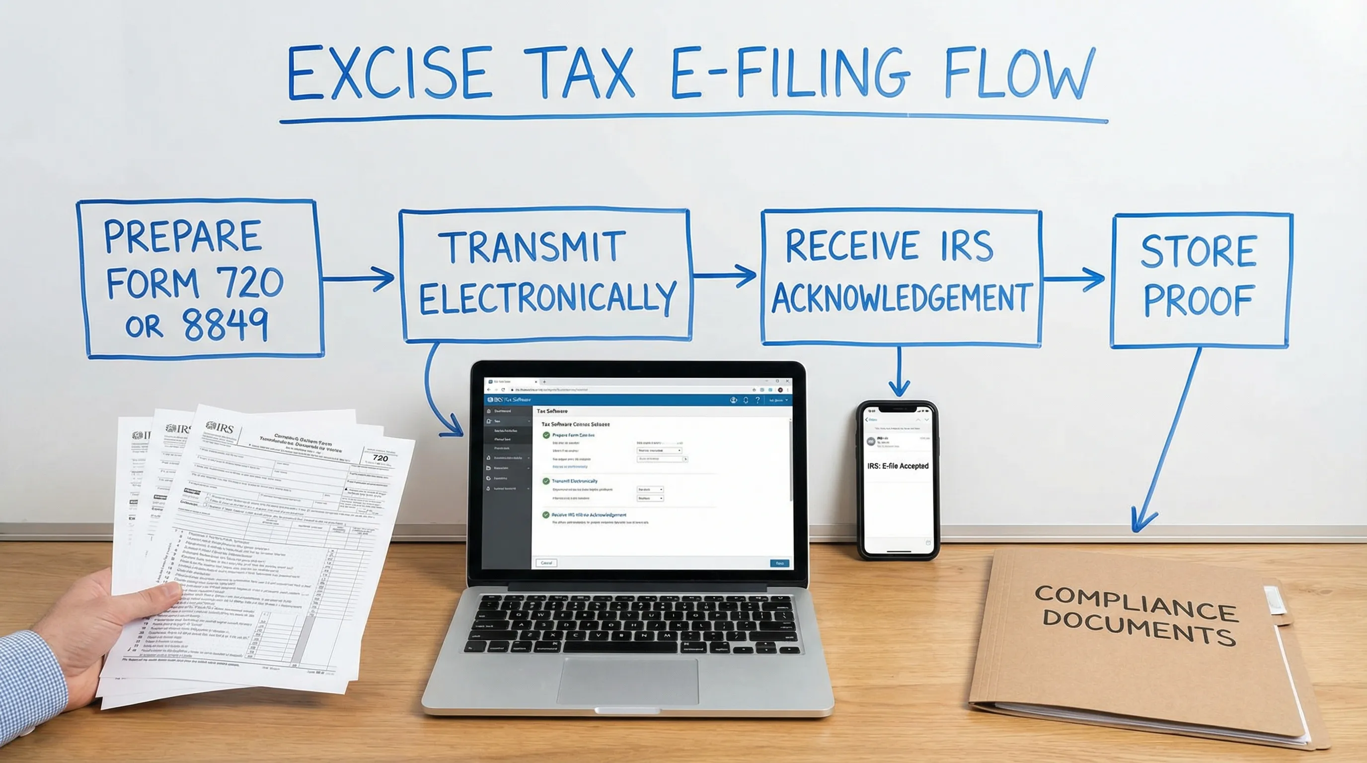 A simple flow illustration of excise tax e-filing: Prepare Form 720 or Form 8849, transmit electronically, receive IRS acknowledgement (accepted/rejected), then store proof documents in a compliance folder.