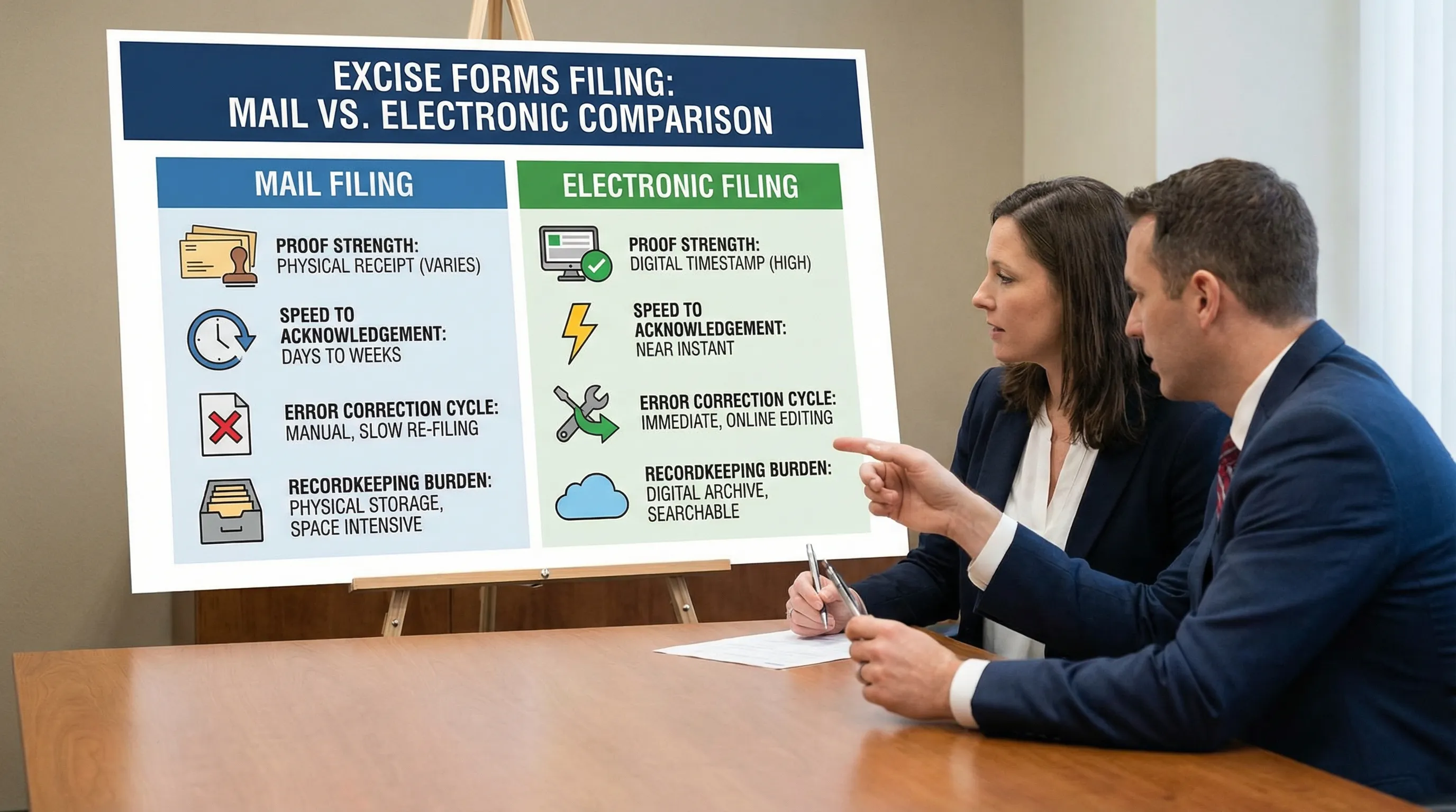 A comparison visual showing “Mail filing vs Electronic filing” for excise forms: proof strength, speed to acknowledgement, error correction cycle, and recordkeeping burden.
