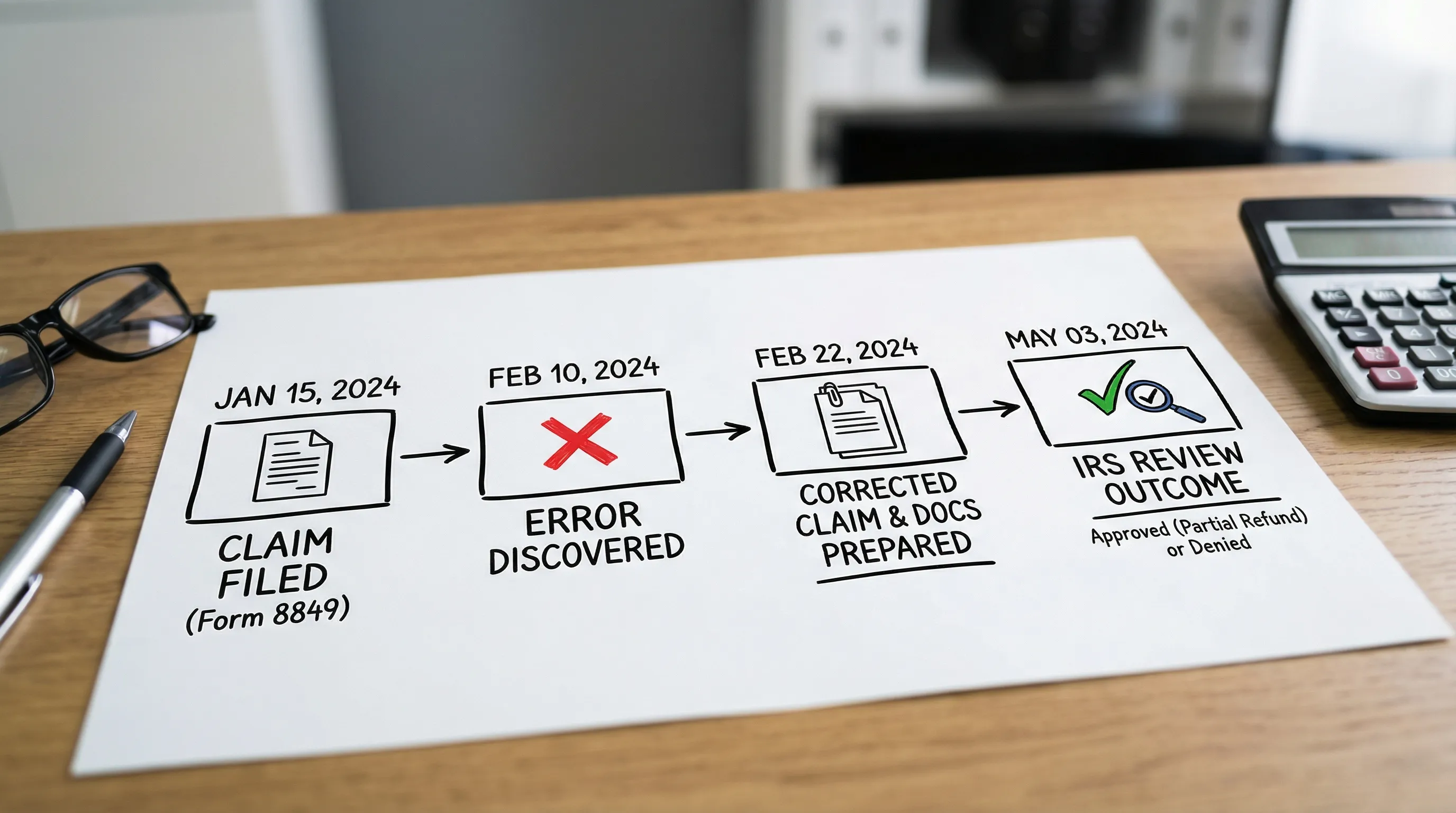 A simple timeline illustration showing a Form 8849 refund claim filed, an error discovered, a corrected claim prepared with documentation, and the IRS review outcome