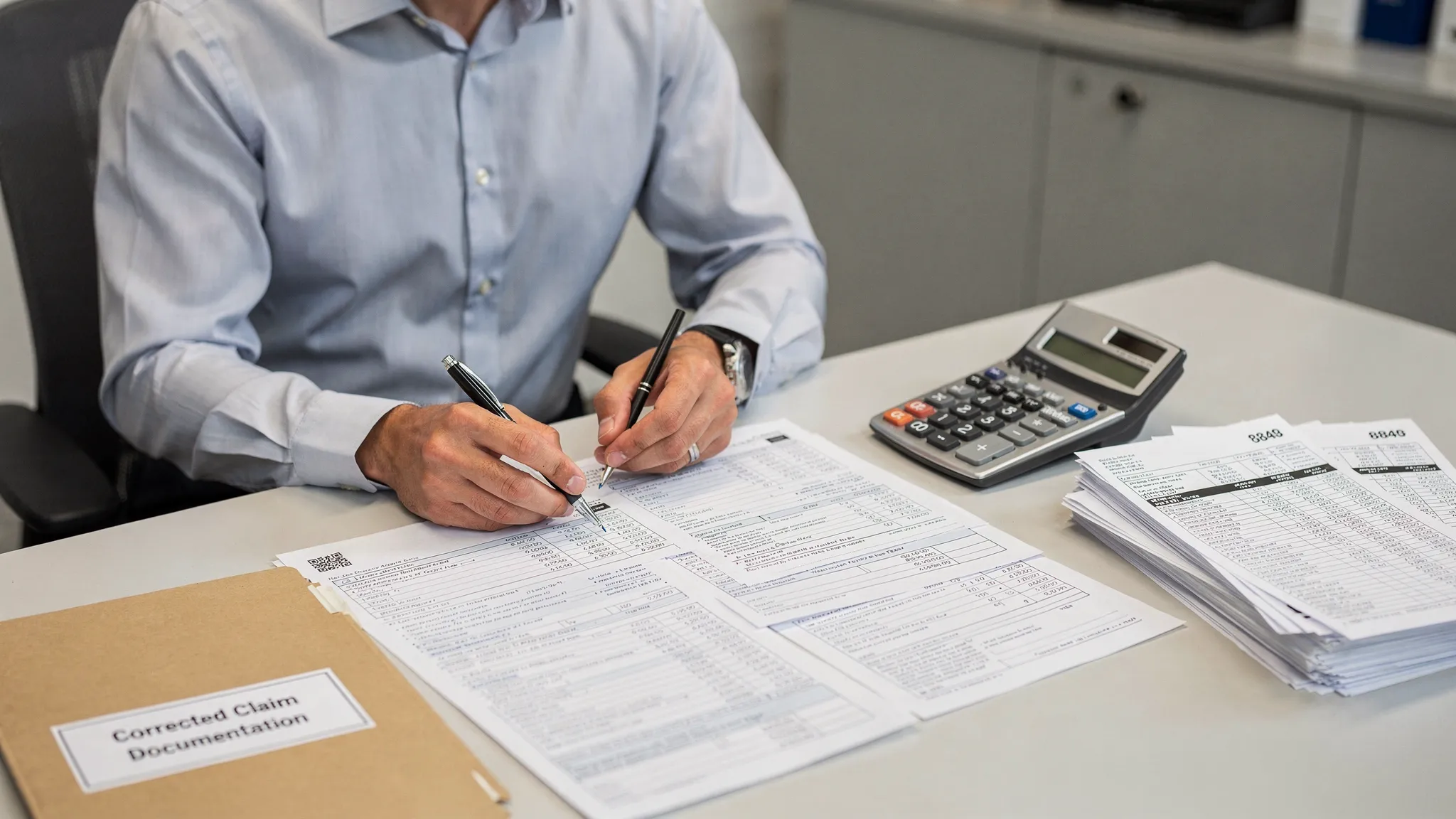 A tax compliance professional at a desk reviewing printed Form 8849 pages alongside a calculator and a neat stack of fuel invoices