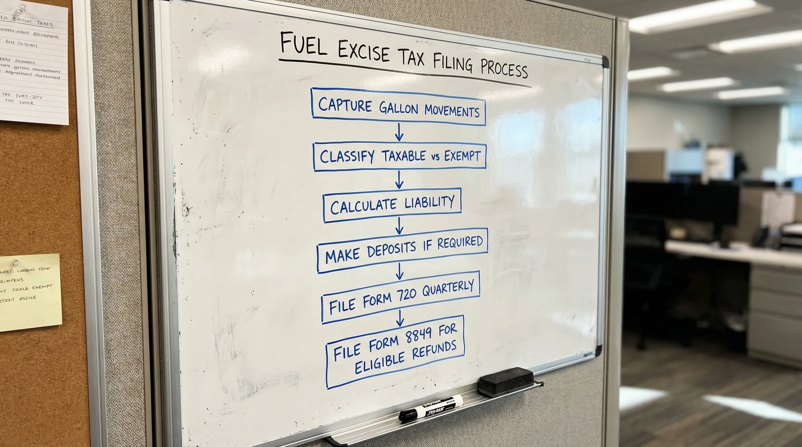 A simple flowchart showing Fuel Excise Tax Filing steps: Capture gallon movements, classify taxable vs exempt, calculate liability, make deposits if required, file Form 720 quarterly, and file Form 8849 for eligible refunds.