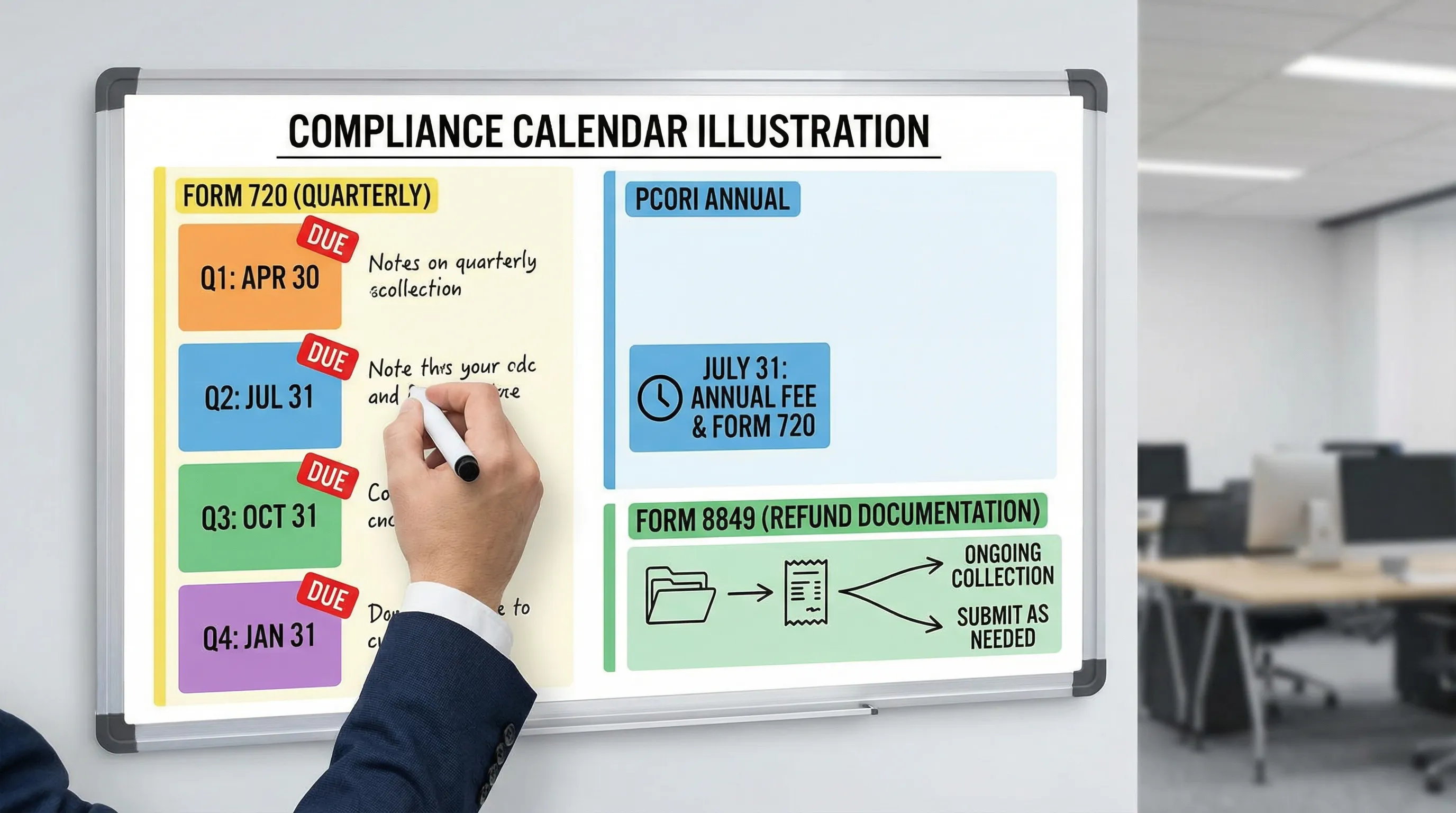 A clean compliance calendar illustration showing quarterly Form 720 due dates, a PCORI annual reminder, and a parallel track for Form 8849 refund documentation.