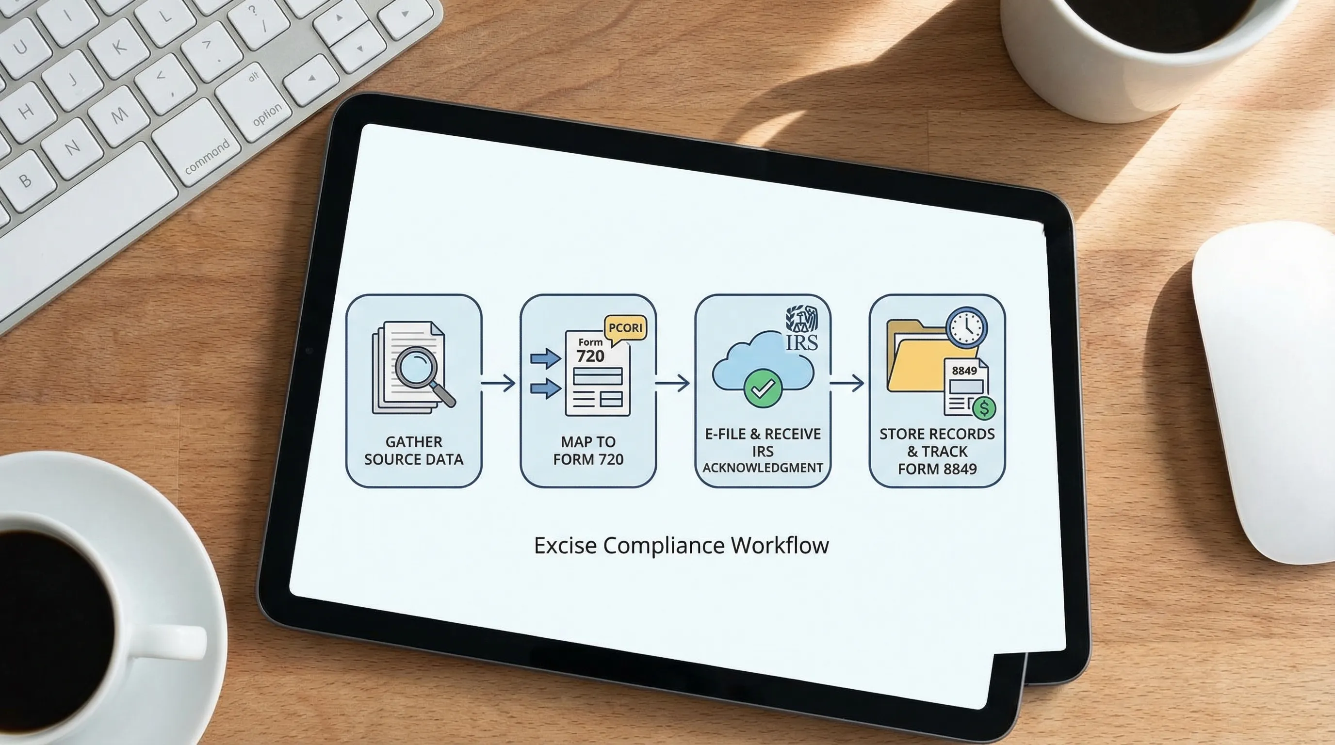 A four-step workflow diagram for excise compliance: gather source data, map to Form 720 categories (including PCORI), e-file and receive IRS acknowledgment, store records and track Form 8849 refund opportunities. Simple icons for each step, no complex text.