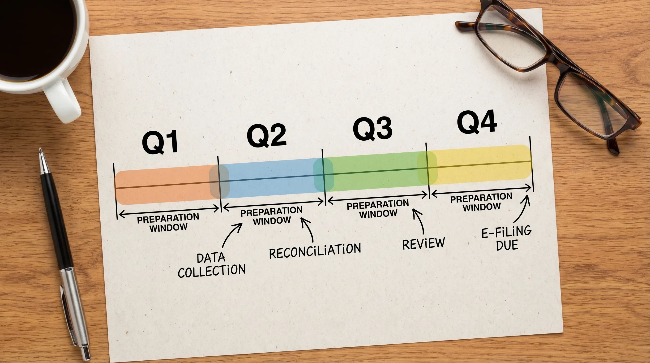 A simple timeline chart showing a quarterly calendar (Q1 to Q4), each with a highlighted 6-8 week preparation window before the due date, and callouts for data collection, reconciliation, review, and e-filing.