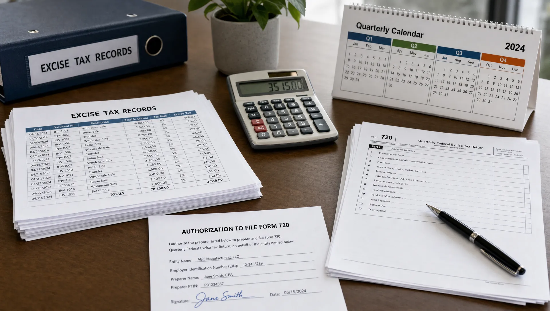 A desk with excise tax records, a calculator, a quarterly calendar, and signed authorization forms ready for Form 720 filing.