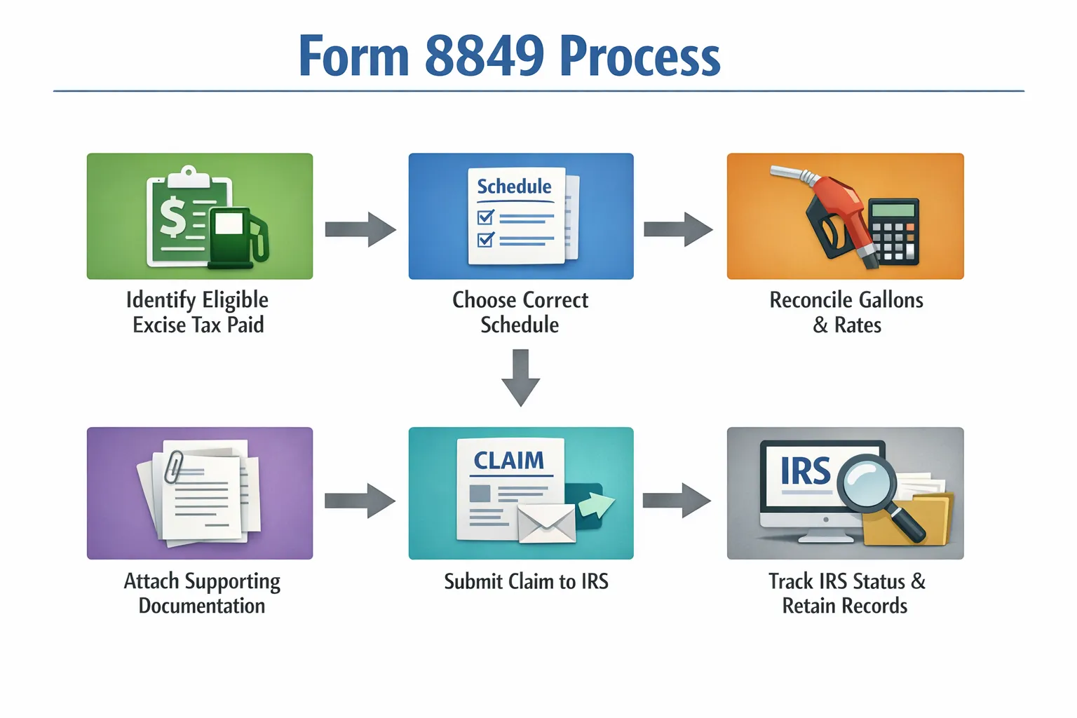 A simple flowchart showing the Form 8849 process: identify eligible excise tax paid, choose the correct schedule, reconcile gallons and rates, attach supporting documentation, submit claim, track IRS status and retain records.