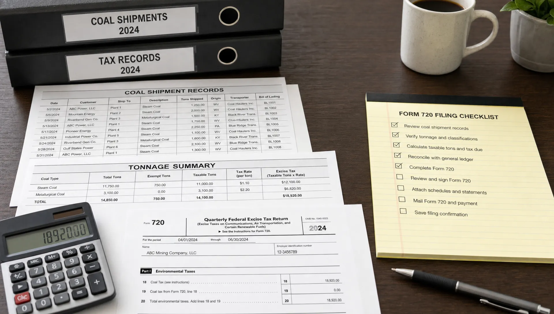 A desk with coal shipment records, tonnage summaries, a calculator and a filing checklist ready for Form 720 coal excise tax.