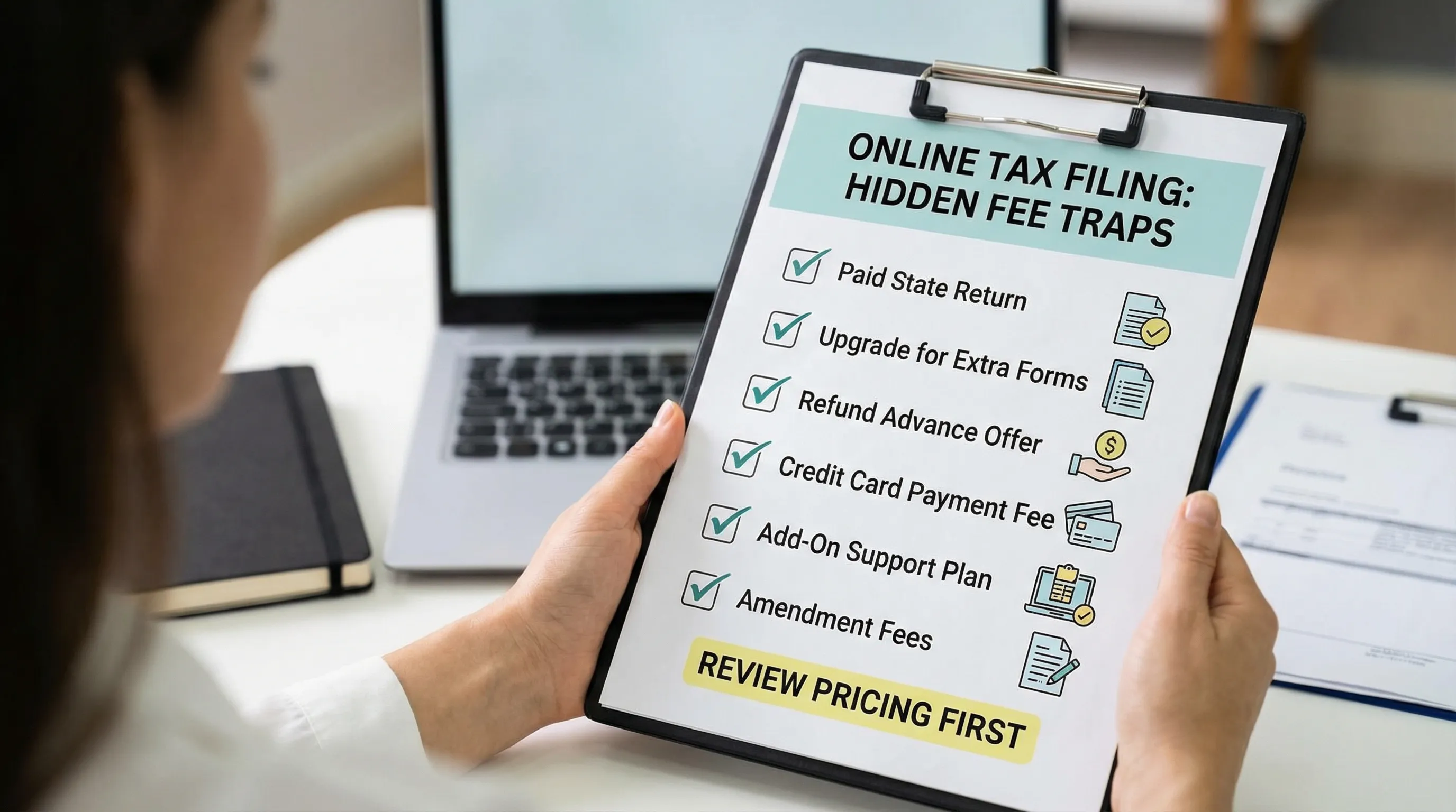 California business compliance concept: a small business owner reviewing a quarterly calendar and federal forms with “Form 720” and “PCORI fee” highlighted.