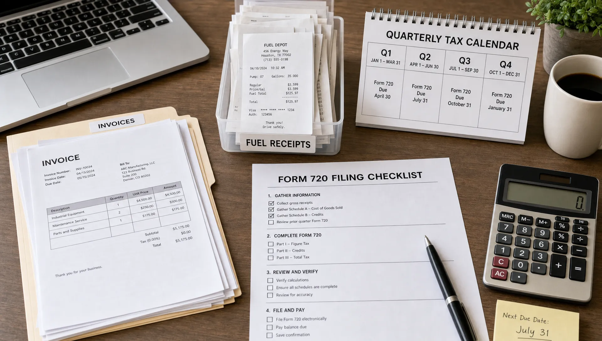 A desk with organized invoices, fuel receipts, a quarterly tax calendar and a Form 720 filing checklist arranged for business excise tax work.