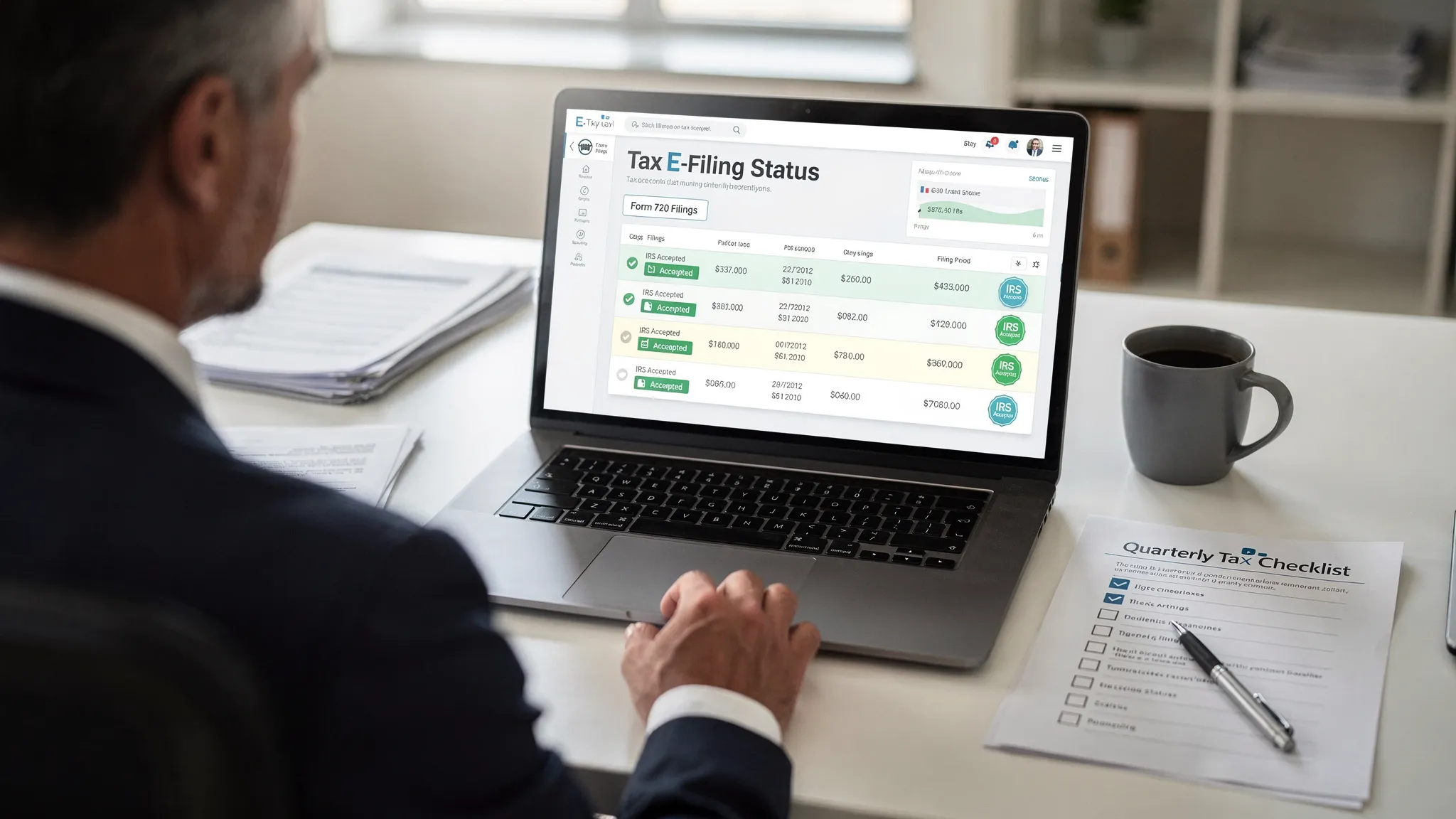 A business owner reviewing an online tax e-filing status dashboard on a laptop, with Form 720 filing records, IRS acknowledgment icons, and a printed quarterly tax checklist on the desk.
