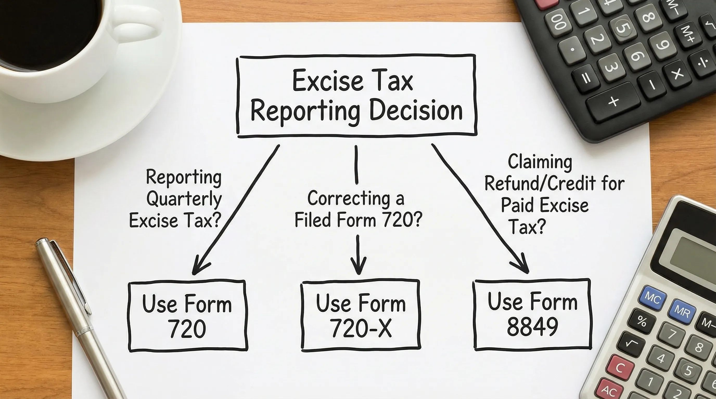 Simple flowchart showing when to use Form 720 vs Form 720-X vs Form 8849, with three boxes and arrows based on whether you are reporting quarterly tax, correcting a filed 720, or claiming a refund/credit for excise tax already paid.