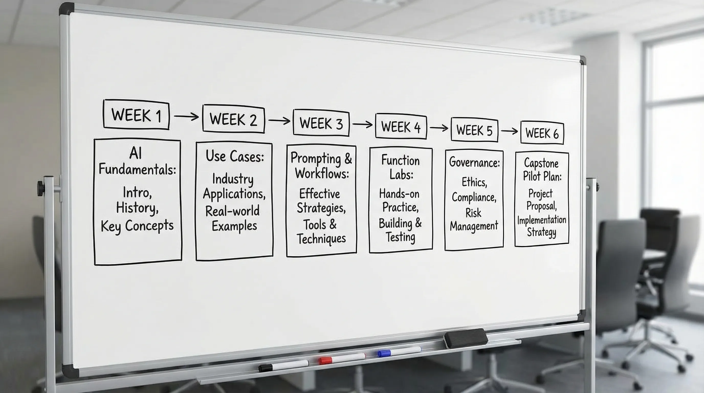A simple six-week course timeline diagram showing Week 1 AI fundamentals, Week 2 use cases, Week 3 prompting and workflows, Week 4 function labs, Week 5 governance, Week 6 capstone pilot plan.