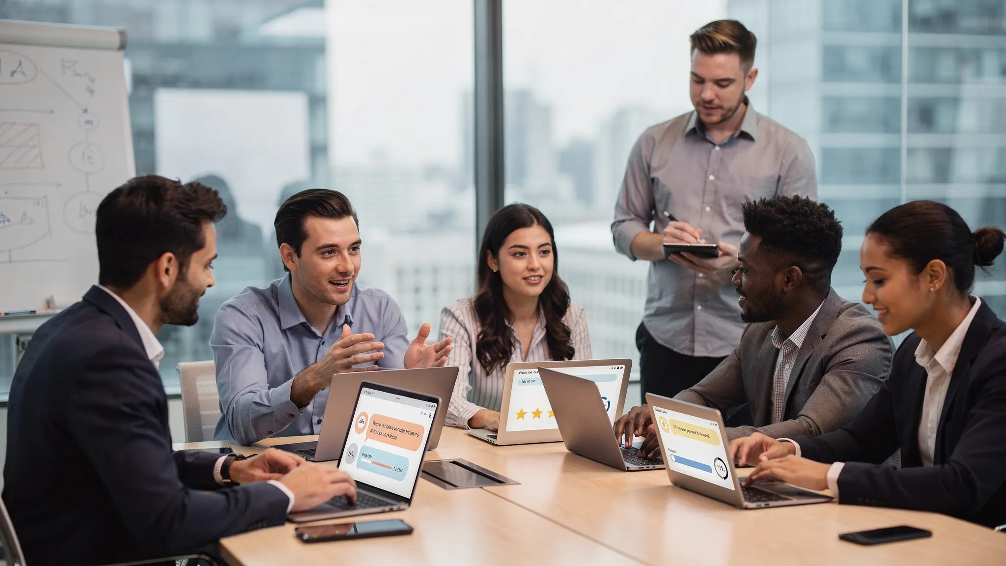 A small group of sales and support team members in a meeting room practicing AI roleplay on laptops and phones, with a coach observing; screens face toward the camera but display only generic chat bubbles and scoring indicators.