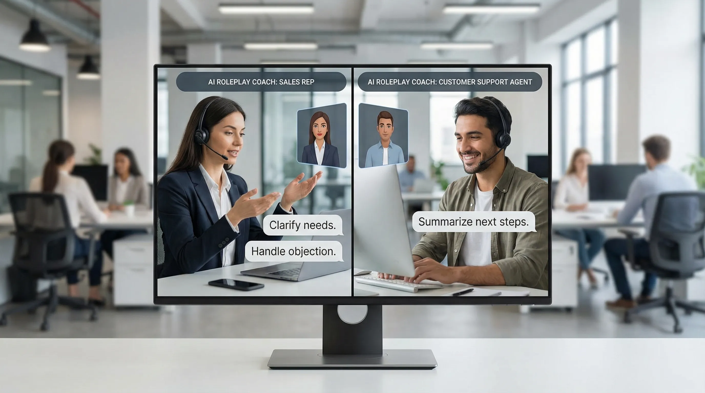 A split-screen illustration showing a sales rep and a customer support agent practicing realistic customer conversations with an AI roleplay coach, with simple feedback callouts like “clarify needs,” “handle objection,” and “summarize next steps.”