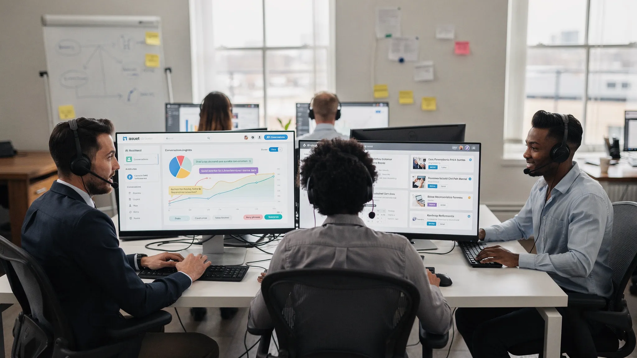 A customer service team reviewing AI-assisted conversation insights, with one agent practicing a support scenario and another using suggested knowledge resources during a customer interaction.