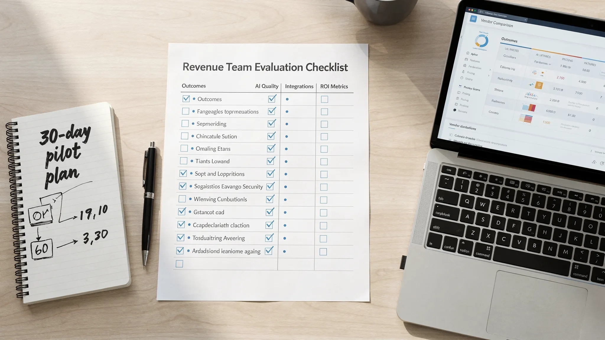 A revenue team evaluation checklist on a desk, showing columns for outcomes, AI quality, security, integrations, and ROI metrics. A laptop screen faces the viewer with a vendor comparison table, alongside a notepad labeled “30-day pilot plan.”