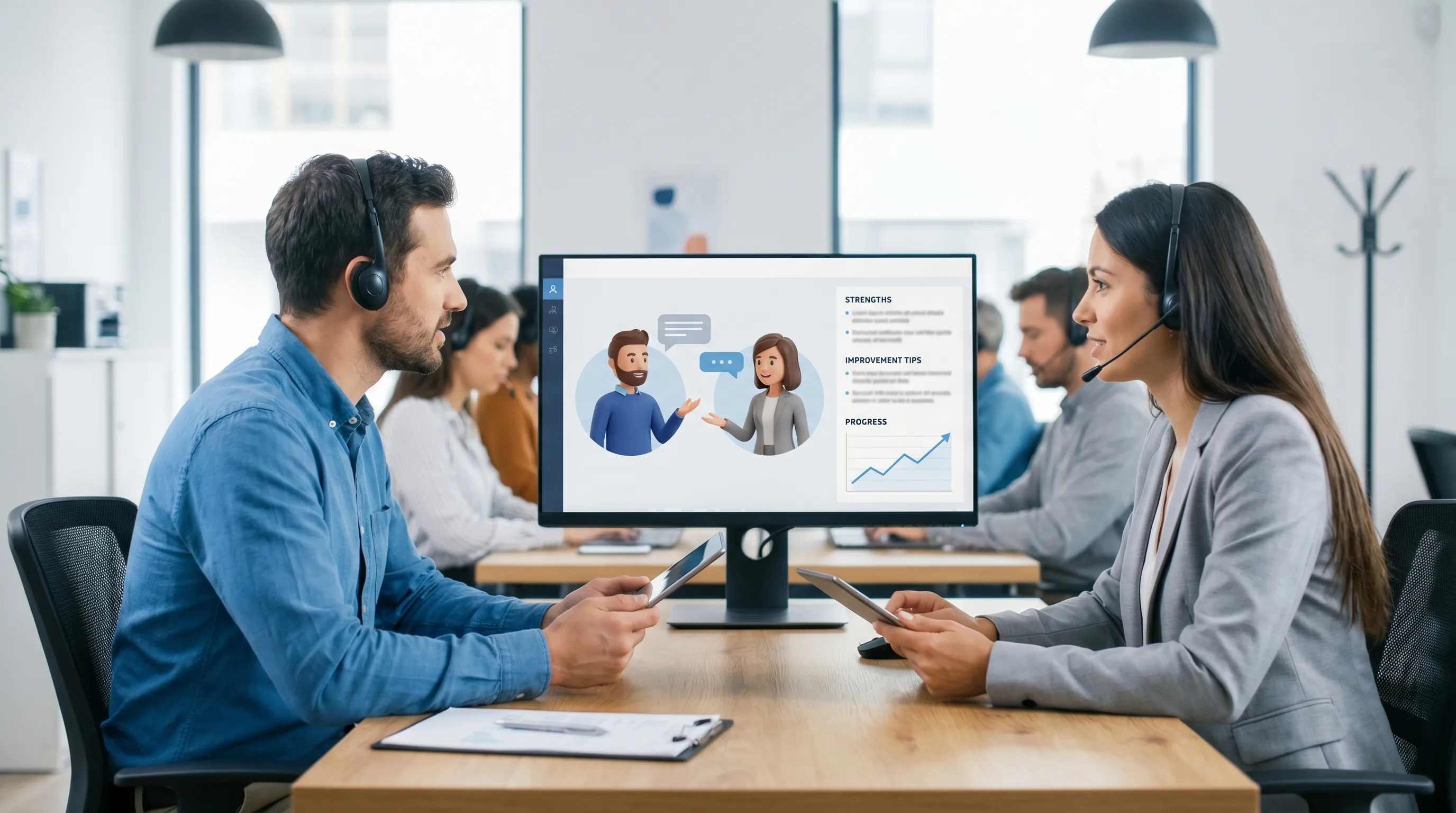 An AI roleplay training session concept scene: a sales rep and a customer support agent practicing different scenarios on a shared platform, with a simple feedback panel showing strengths, improvement tips, and a progress chart. The screens face the viewer and show only abstract UI elements, no readable brand names.