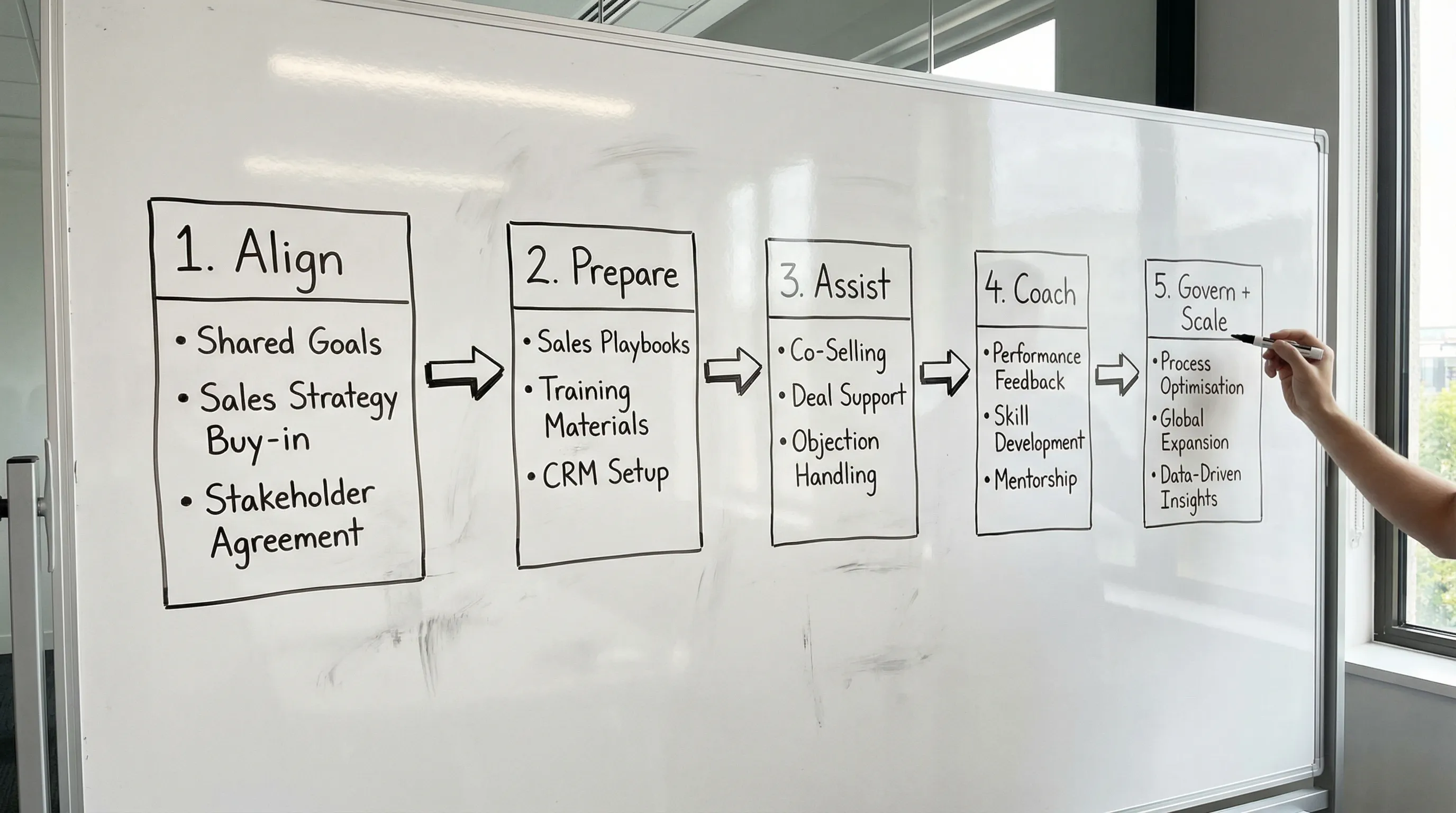 A simple 5-step roadmap diagram showing phases Align, Prepare, Assist, Coach, and Govern + Scale, with arrows moving left to right and a small list of example sales outcomes under each phase.