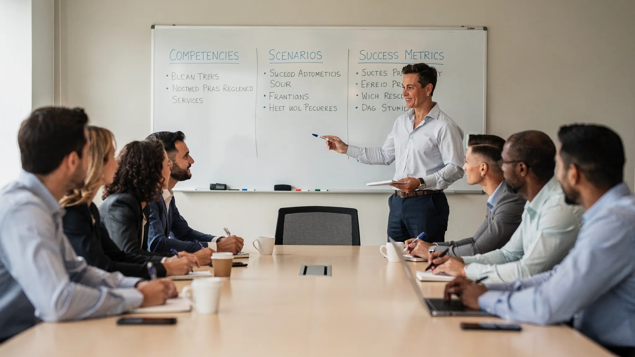 A sales or service team training planning session with a facilitator at a whiteboard outlining competencies, scenarios, and success metrics, with participants discussing and taking notes.