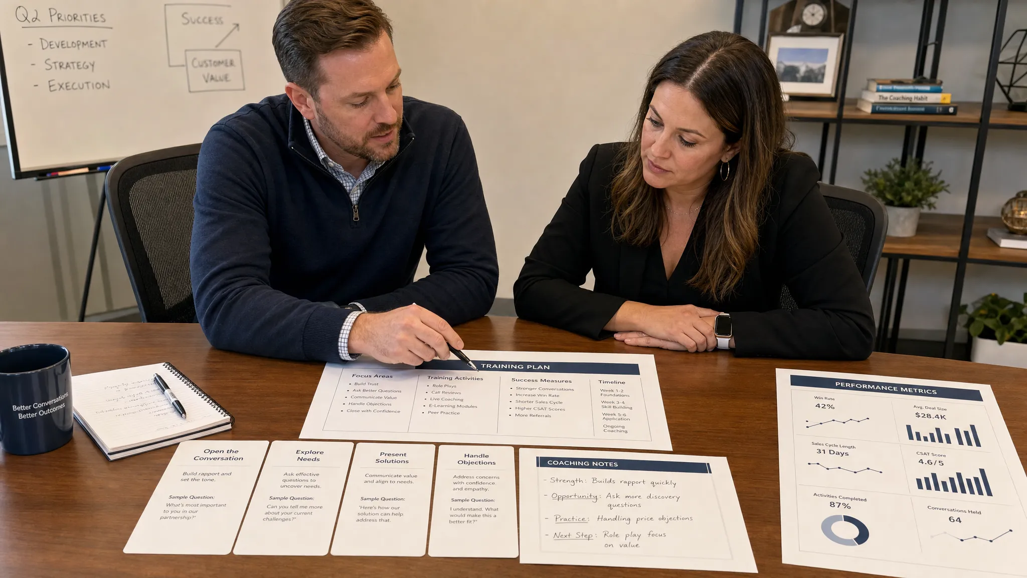 A sales manager and customer service leader review a training plan spread across a table with conversation cards, coaching notes, and performance metrics, with the materials arranged between them.