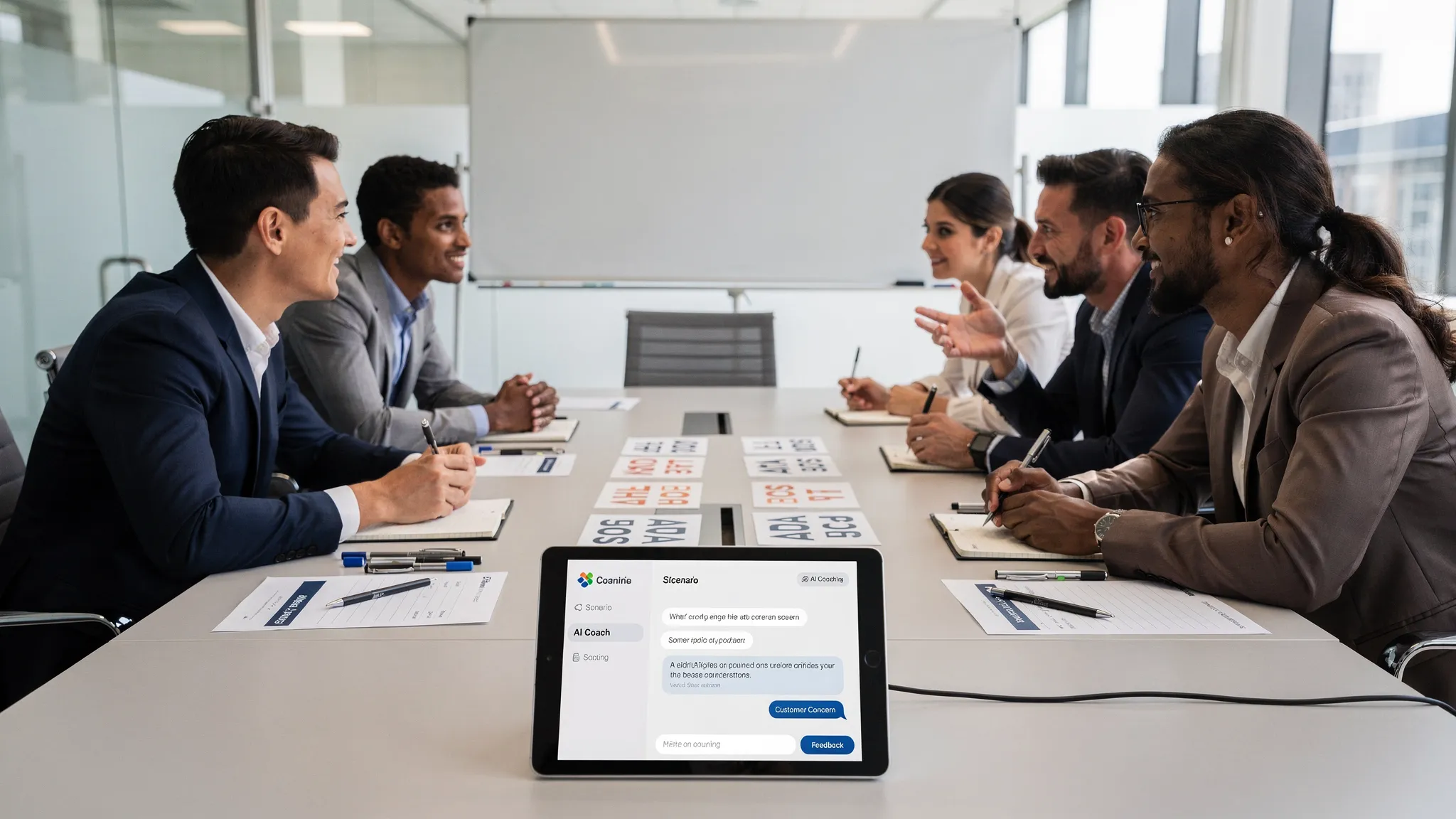 A sales and service team practicing customer conversations in a modern training room with scenario cards, conversation prompts, and an AI coaching interface shown on a forward-facing tablet screen.
