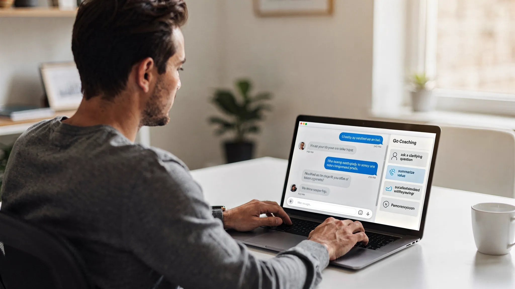 A sales representative practicing an AI roleplay on a laptop in a quiet workspace, with a chat-style conversation on screen and a small side panel showing real-time coaching cues like “ask a clarifying question” and “summarize value.”