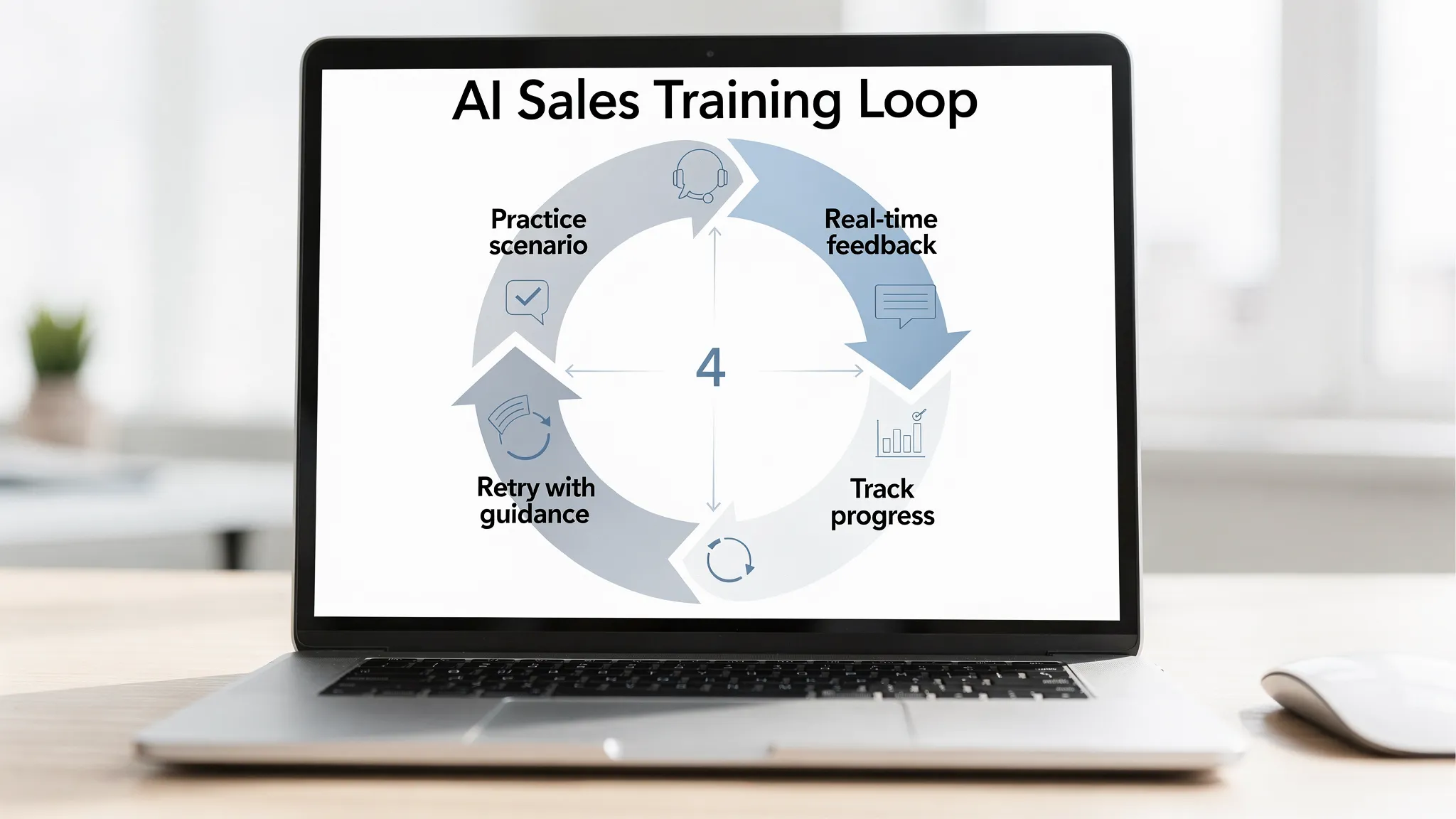 A simple four-step diagram showing the AI sales training loop: “Practice scenario” leads to “Real-time feedback,” then to “Retry with guidance,” then to “Track progress,” forming a continuous cycle.