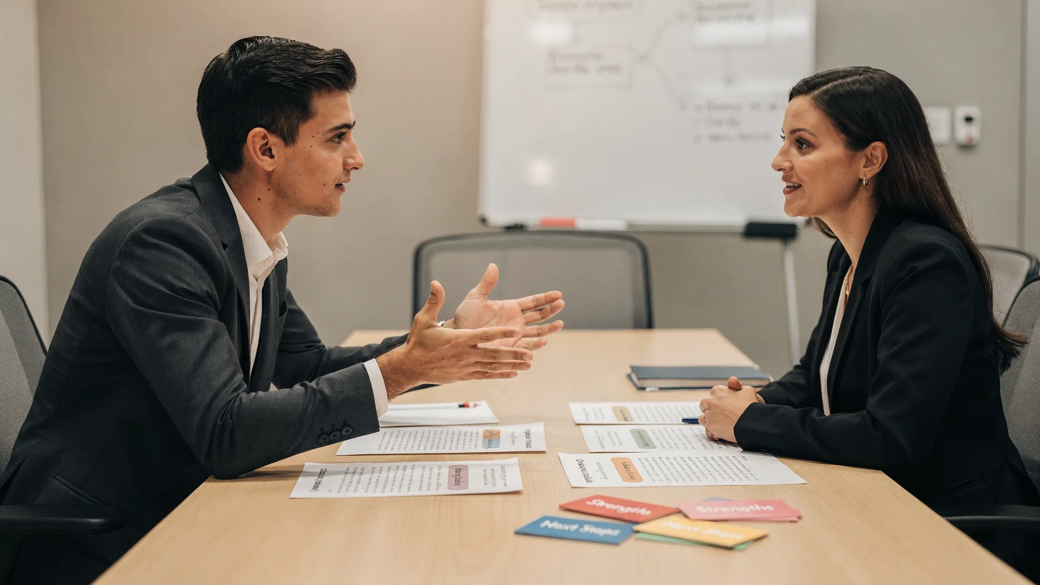 A new sales rep practicing a customer conversation in a calm training room while a coach observes supportively nearby, with notes, conversation prompts, and feedback cards on the table.