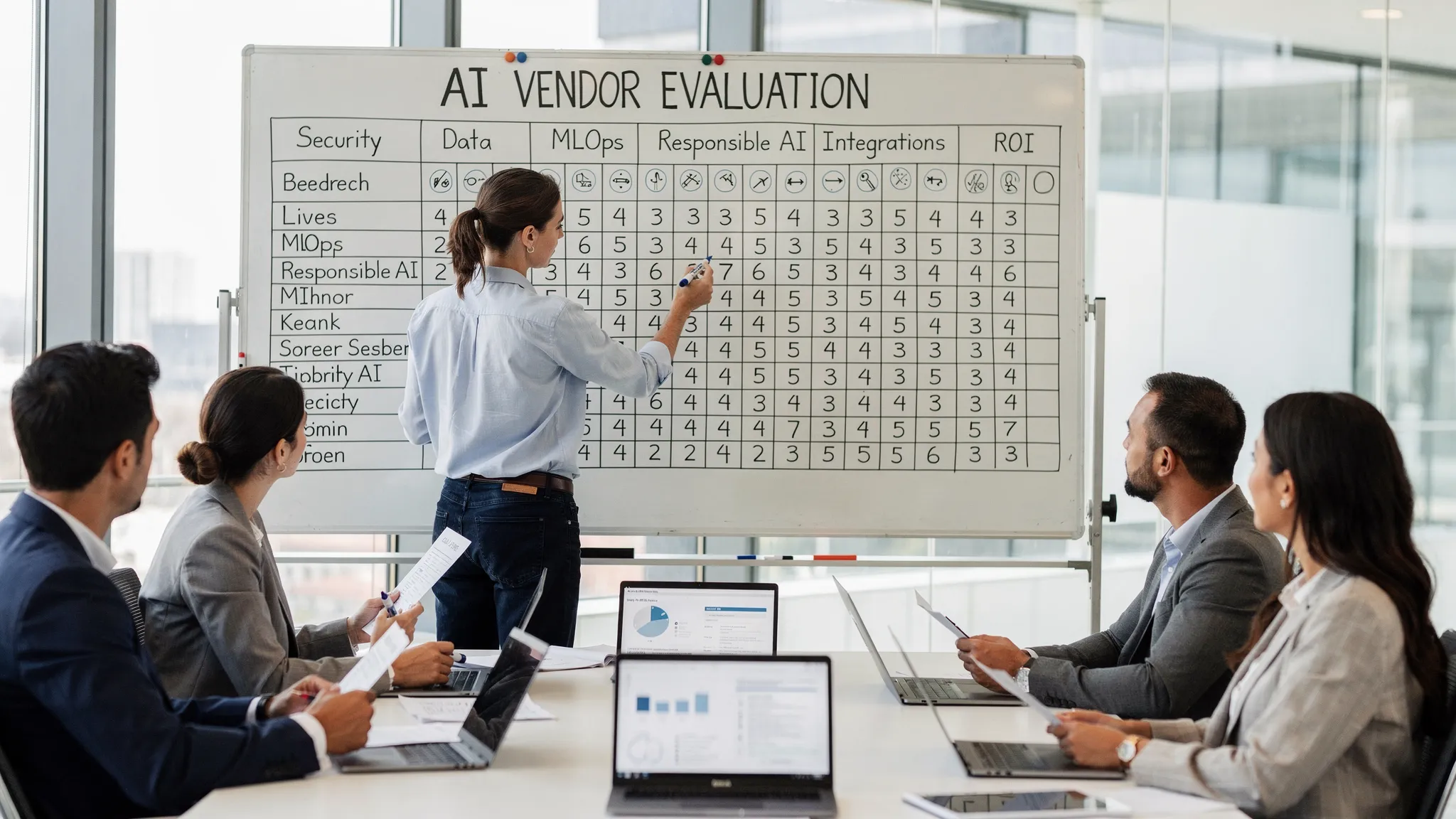 A procurement team reviewing an AI vendor evaluation checklist on a whiteboard, with sections labeled Security, Data, MLOps, Responsible AI, Integrations, and ROI. One person points at a scoring table while others compare notes with laptops open, facing the same direction.