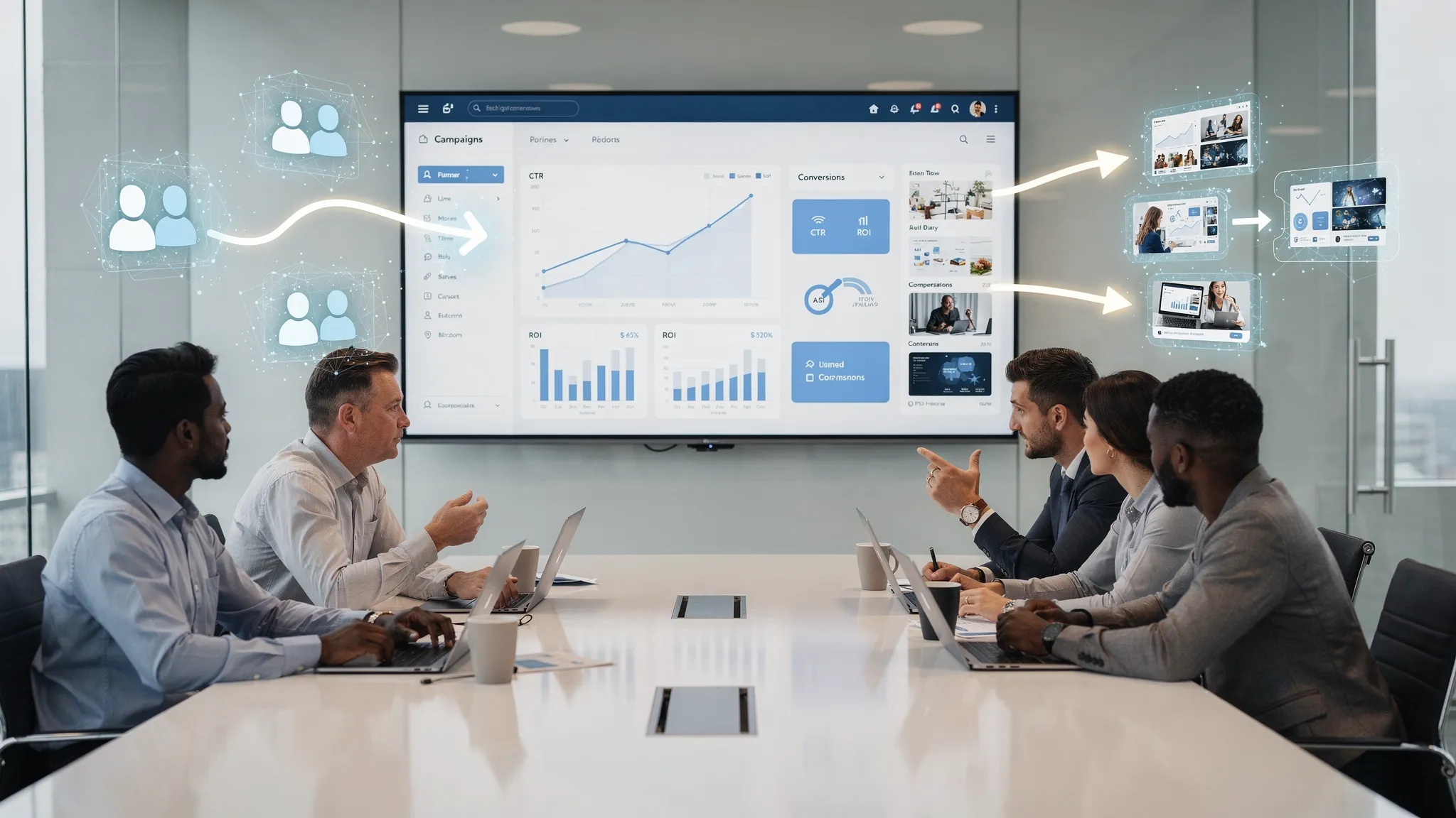 A marketing team in a meeting room reviewing a campaign performance dashboard on a large screen, with subtle AI-themed overlays like segmentation clusters, predicted conversion arrows, and content variant cards.