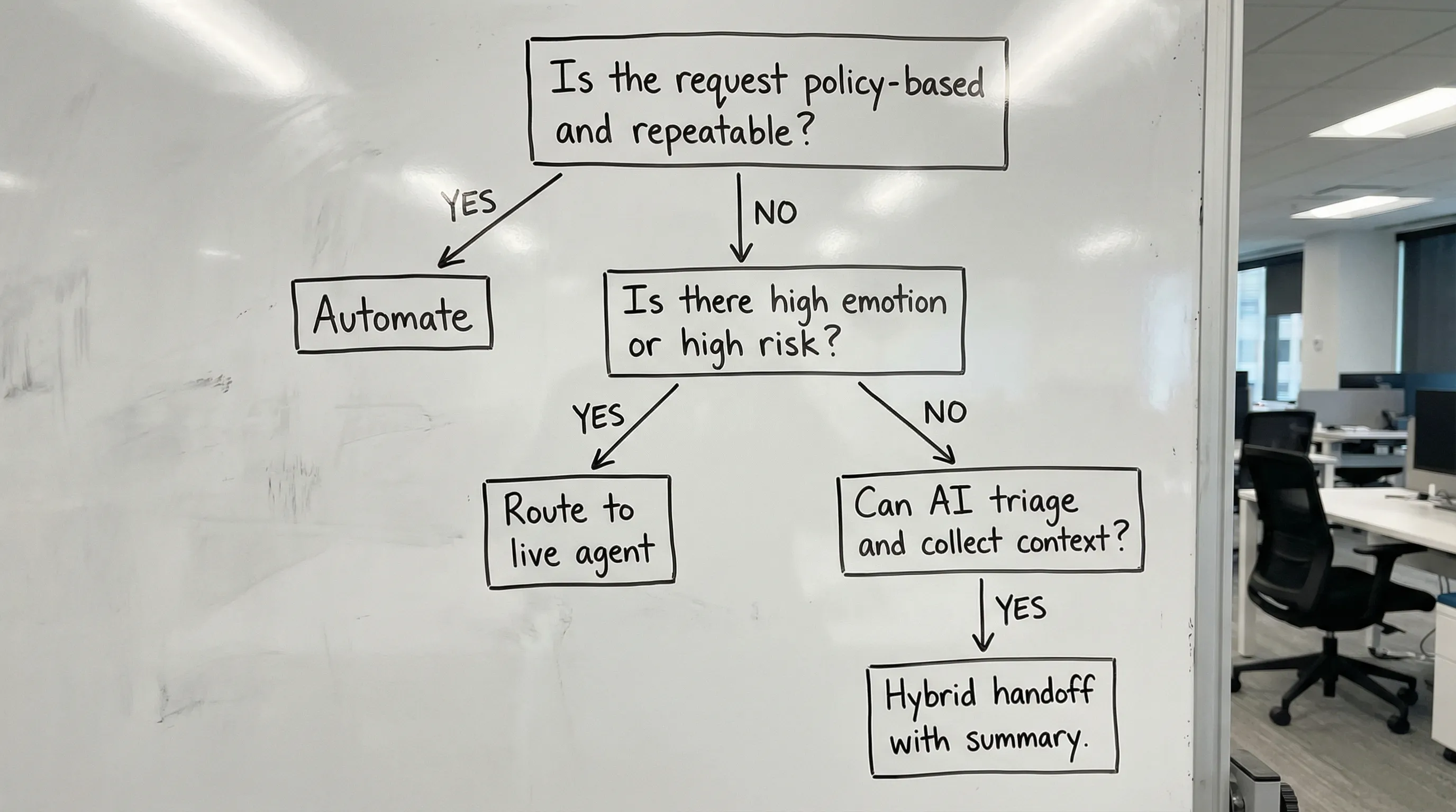 A simple decision tree diagram with four boxes: “Is the request policy-based and repeatable?” leading to “Automate”; if no, “Is there high emotion or high risk?” leading to “Route to live agent”; if no, “Can AI triage and collect context?” leading to “Hybrid handoff with summary.”