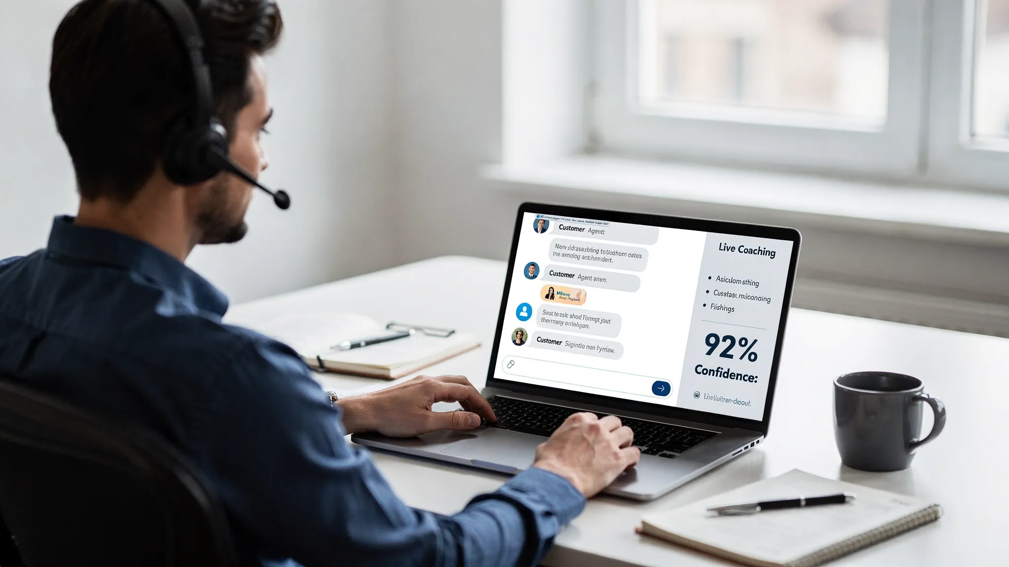 A customer support team member practicing an AI roleplay scenario on a laptop, with a visible chat-style conversation and a separate panel showing real-time coaching feedback and a confidence score.