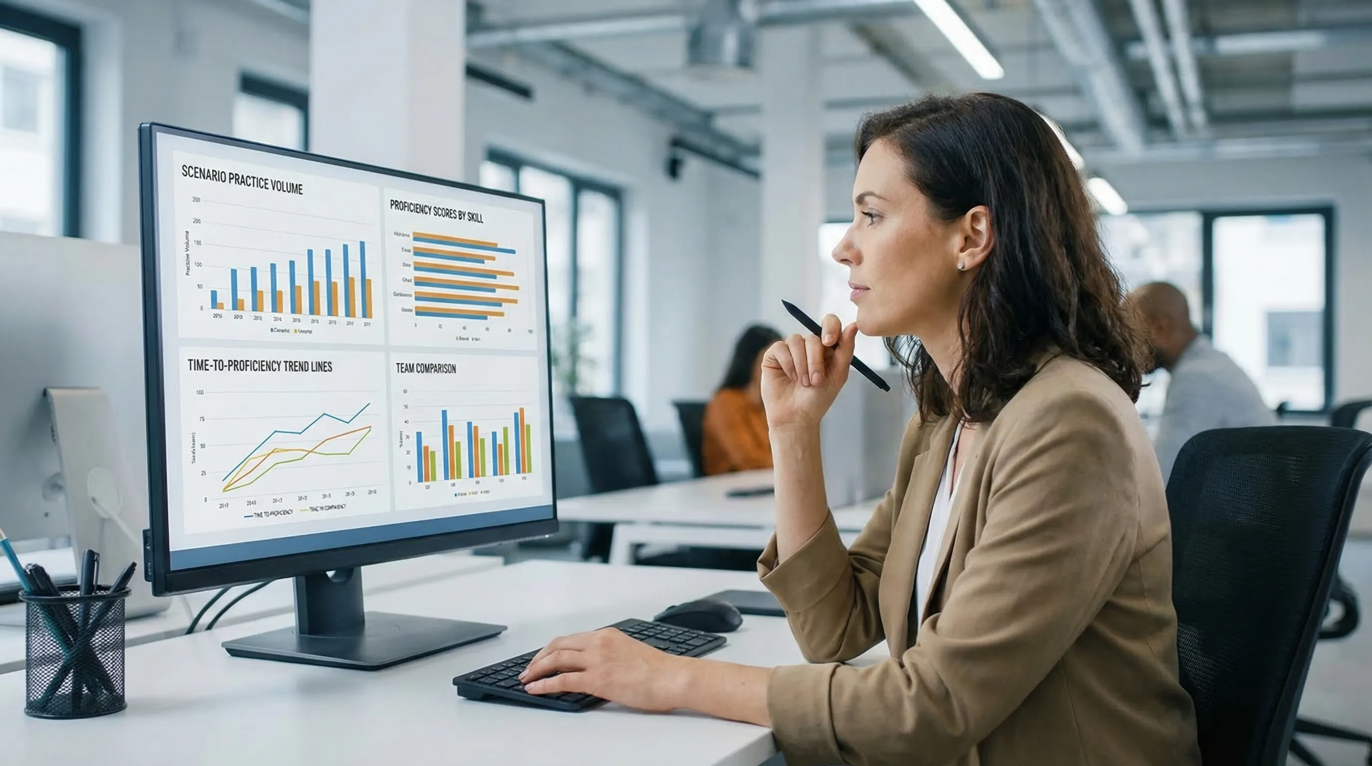 A sales enablement leader reviewing an analytics dashboard showing scenario practice volume, proficiency scores by skill, time-to-proficiency trend lines, and team comparison bars.