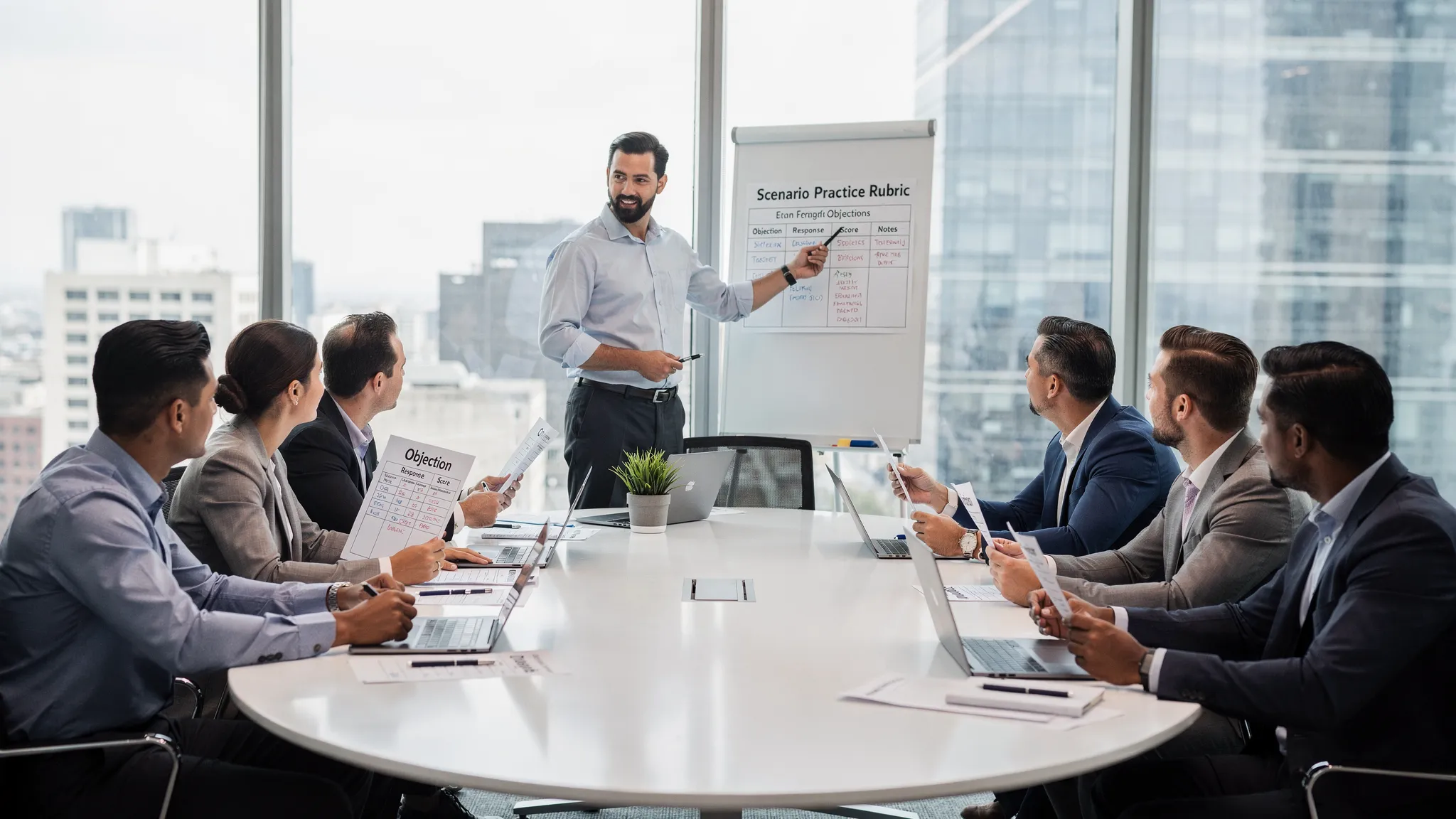 A sales manager running a team coaching session with printed scorecards, discussing common objections and aligning on a rubric for scenario practice.