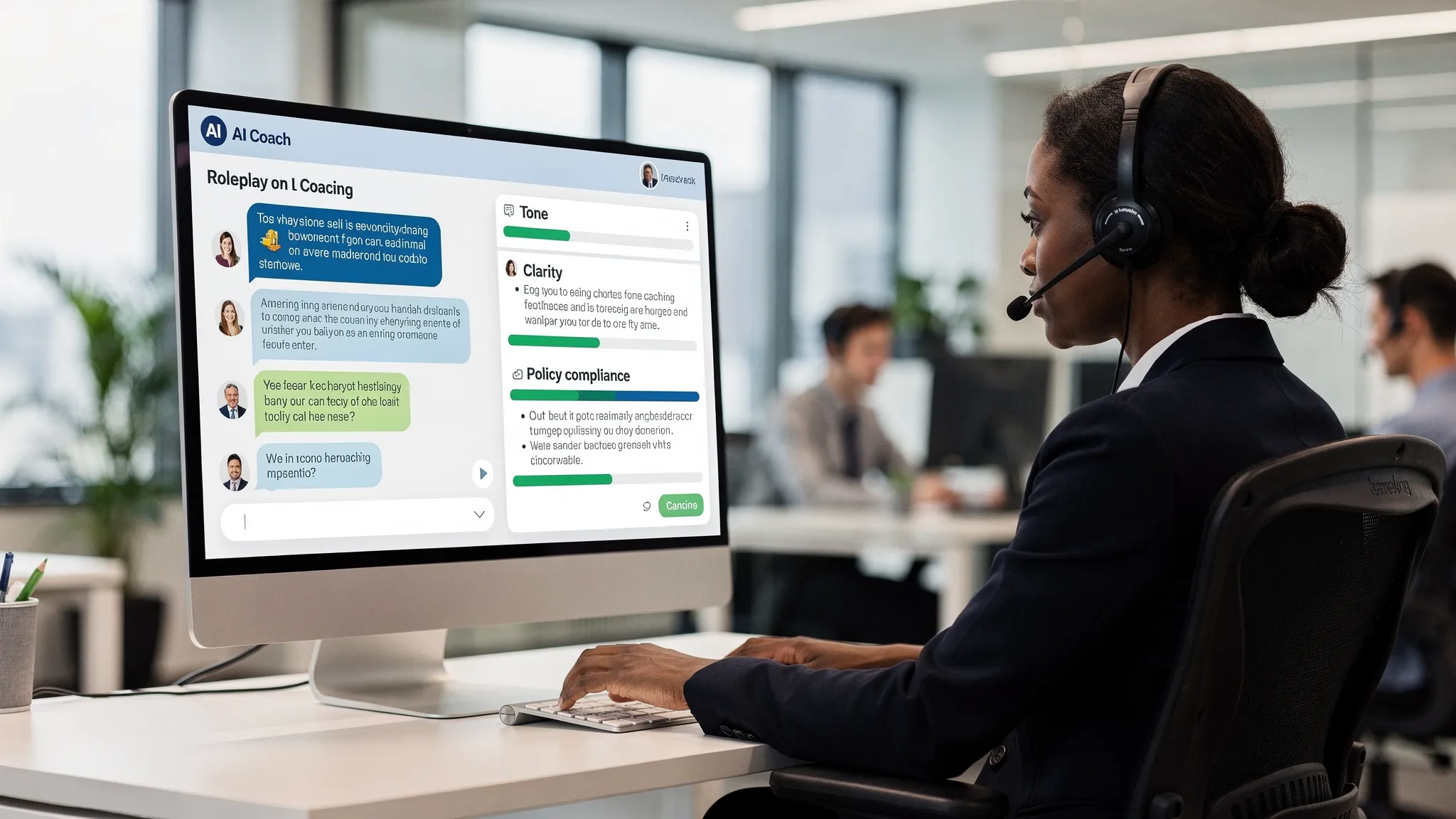 A customer support agent practicing a roleplay conversation with an AI coach in a training environment, with a visible feedback panel showing guidance on tone, clarity, and policy compliance, in a professional office setting.