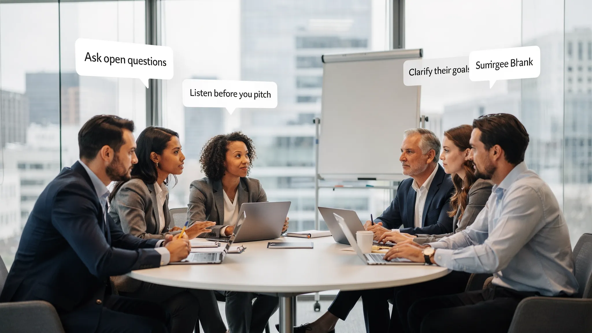 A diverse revenue team practicing customer conversations in a modern training environment, with simple AI coaching prompts represented as speech bubbles around them.
