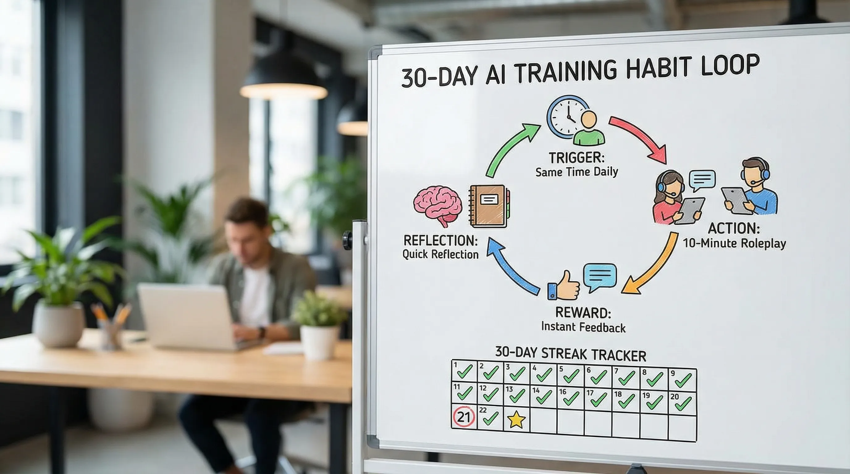 A simple illustration of a 30-day habit loop for AI training online: trigger (same time daily), 10-minute roleplay, instant feedback, quick reflection, and a streak tracker calendar.