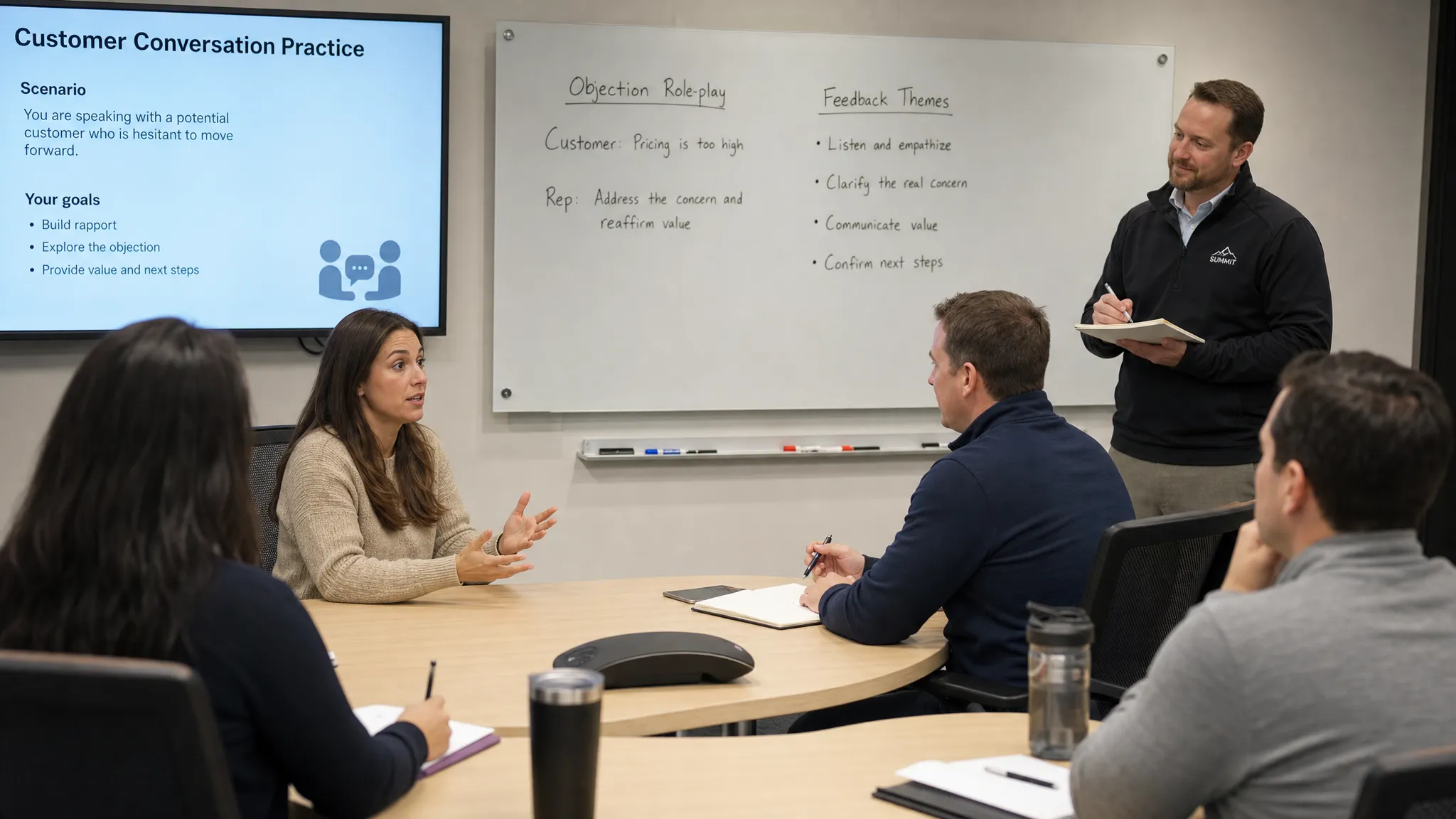 A sales and service team practicing customer conversations in a training room, with one person roleplaying a buyer objection while a manager observes notes and feedback themes.