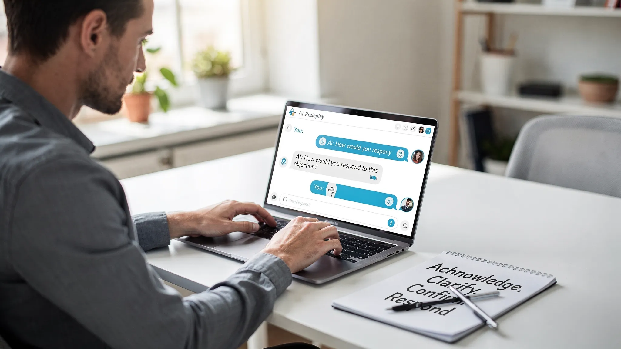 A sales representative practicing objection handling with an AI roleplay tool on a laptop, with a notepad showing a simple framework like ‘Acknowledge, Clarify, Confirm, Respond’. The laptop screen is angled toward the rep and shows a chat-style roleplay interface without any readable brand UI.