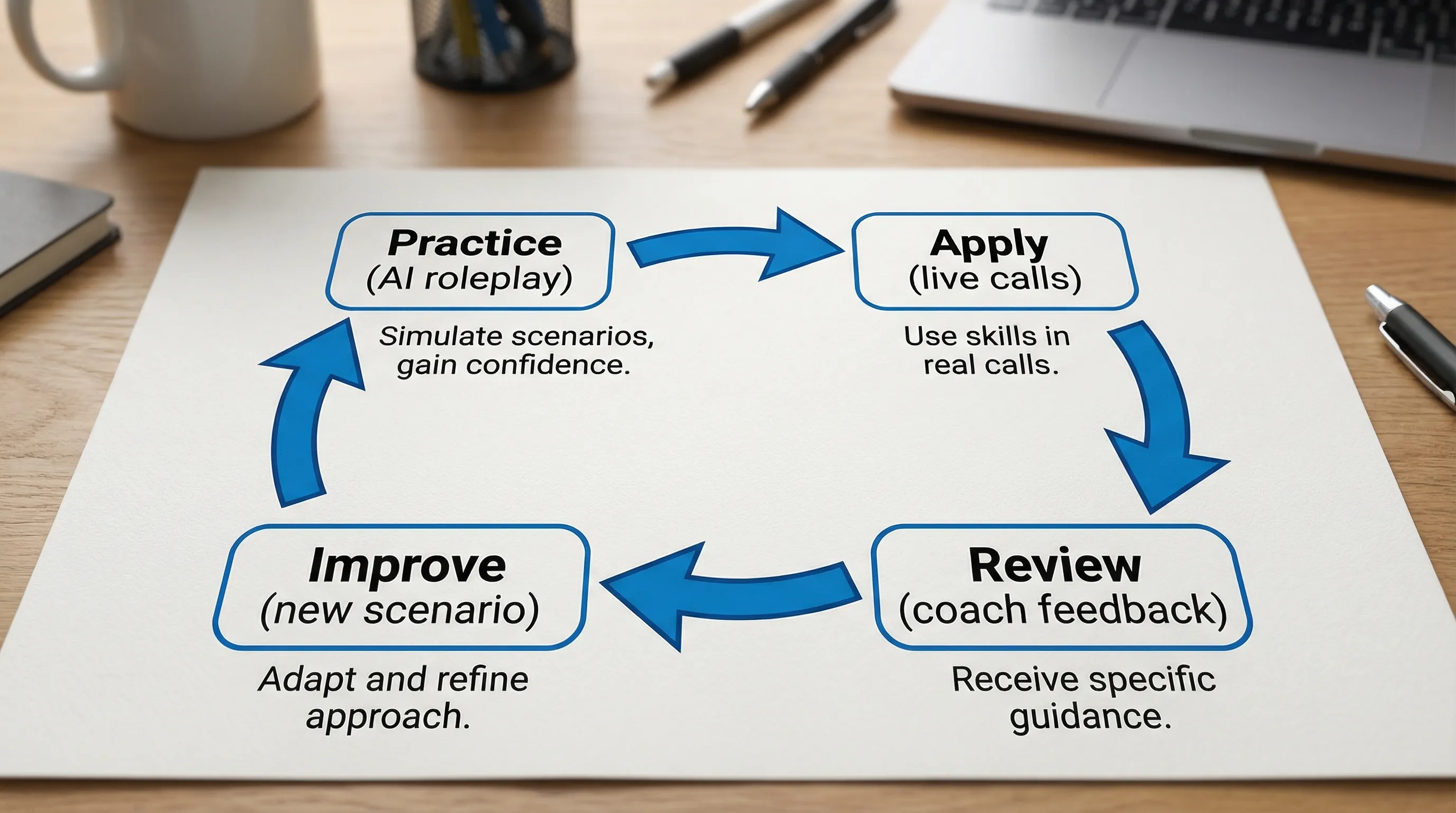 A simple four-step loop diagram labeled ‘Practice (AI roleplay)’, ‘Apply (live calls)’, ‘Review (coach feedback)’, and ‘Improve (new scenario)’, shown as a circular flow with brief captions under each step.