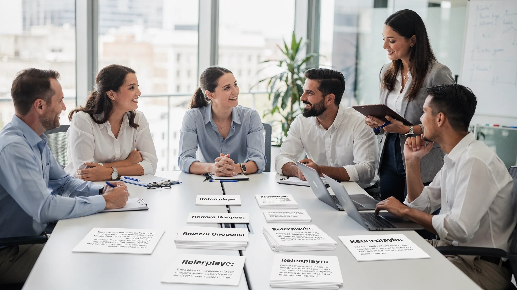 A sales and customer service team practicing realistic customer conversations around a table with scenario cards, while a facilitator observes and takes notes.