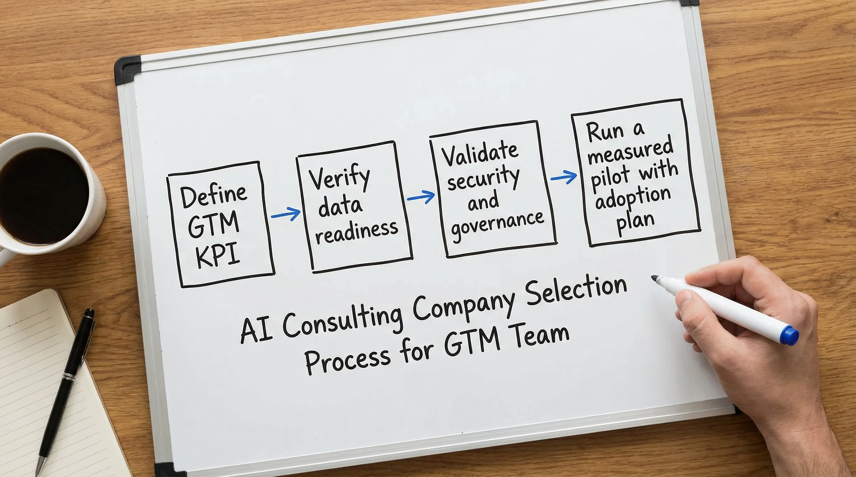 A simple decision flowchart for selecting an AI consulting company for a GTM team, showing four boxes connected by arrows: Define GTM KPI, Verify data readiness, Validate security and governance, Run a measured pilot with adoption plan.