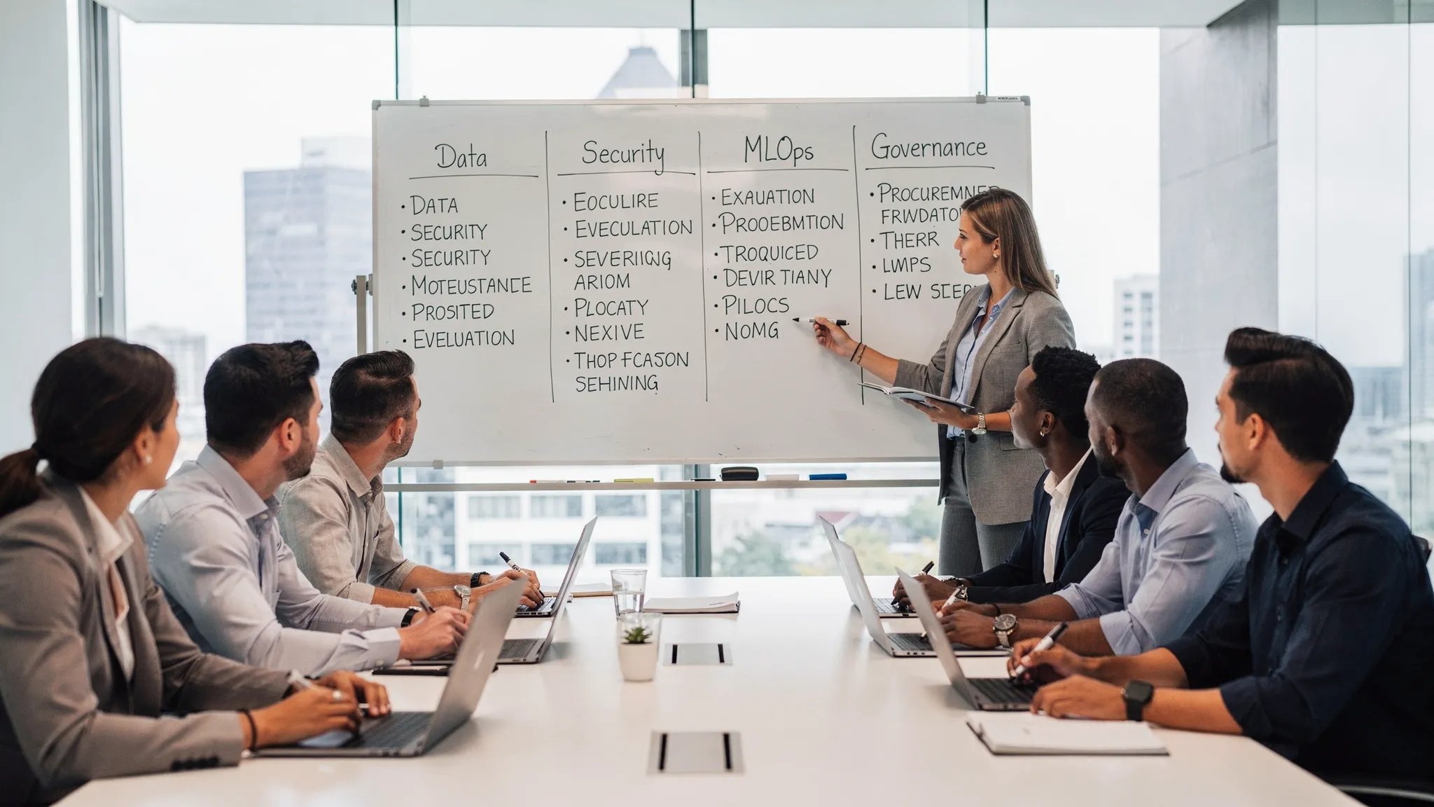 A procurement and product team in a meeting room reviewing a vendor evaluation checklist on a whiteboard, with categories like data, security, evaluation, MLOps, and governance written clearly.
