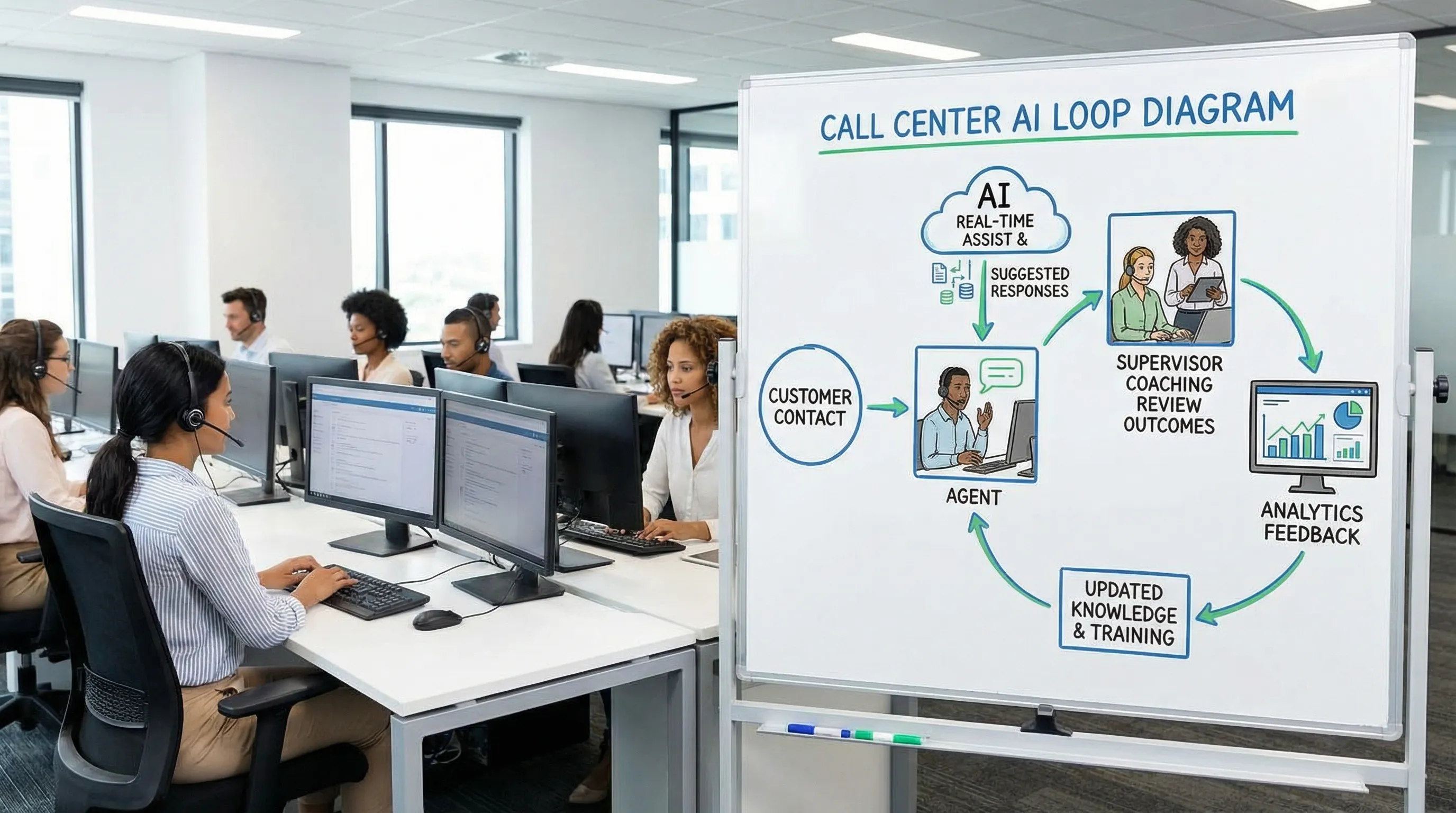 Simple diagram showing the call center AI loop: customer contact flows to an agent, AI provides real-time assist and suggested responses, supervisor coaching reviews outcomes, analytics feed back into updated knowledge and training.