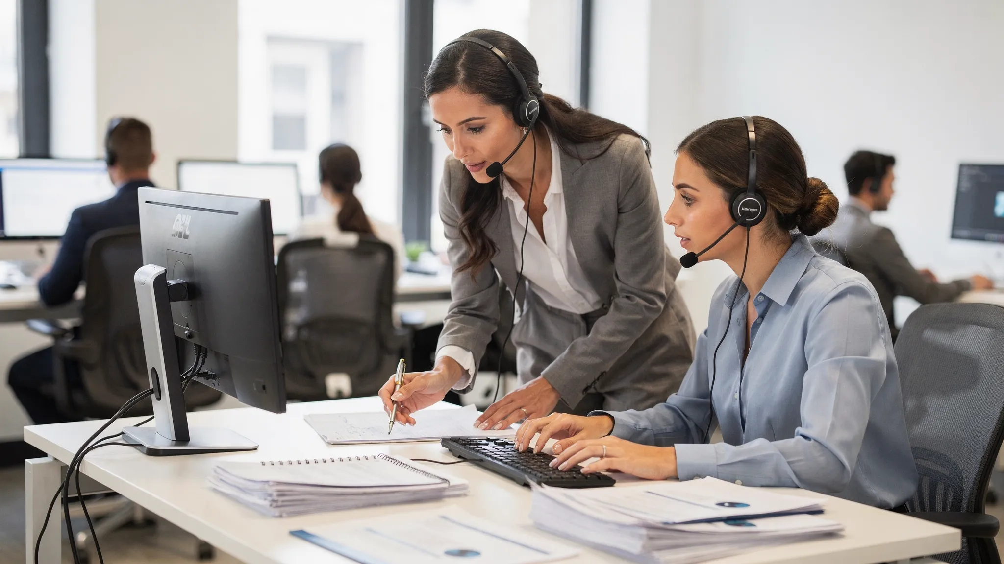 A customer service coach standing beside a headset-wearing support representative at a desk, reviewing call notes together in a calm training environment.