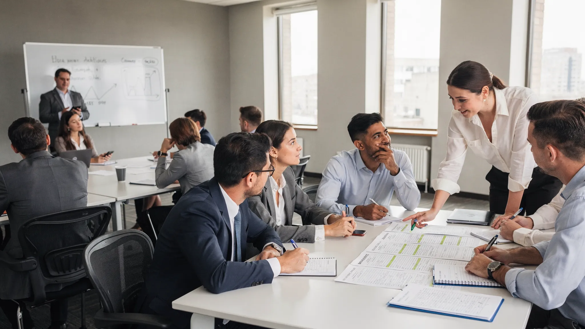 A sales team in a training room where some people appear disengaged during a generic whiteboard presentation, while a smaller group nearby actively practices a realistic sales conversation with coaching notes on paper.