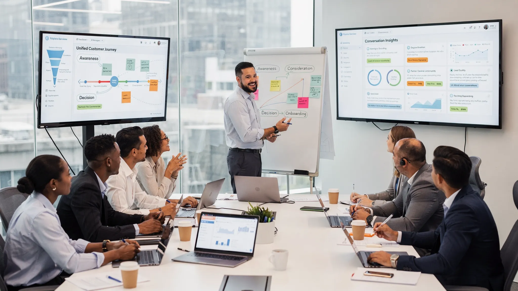 A cross-functional revenue team workshop where marketing, sales, and customer success align on messaging and lead handoffs using shared dashboards and conversation insights on a whiteboard.