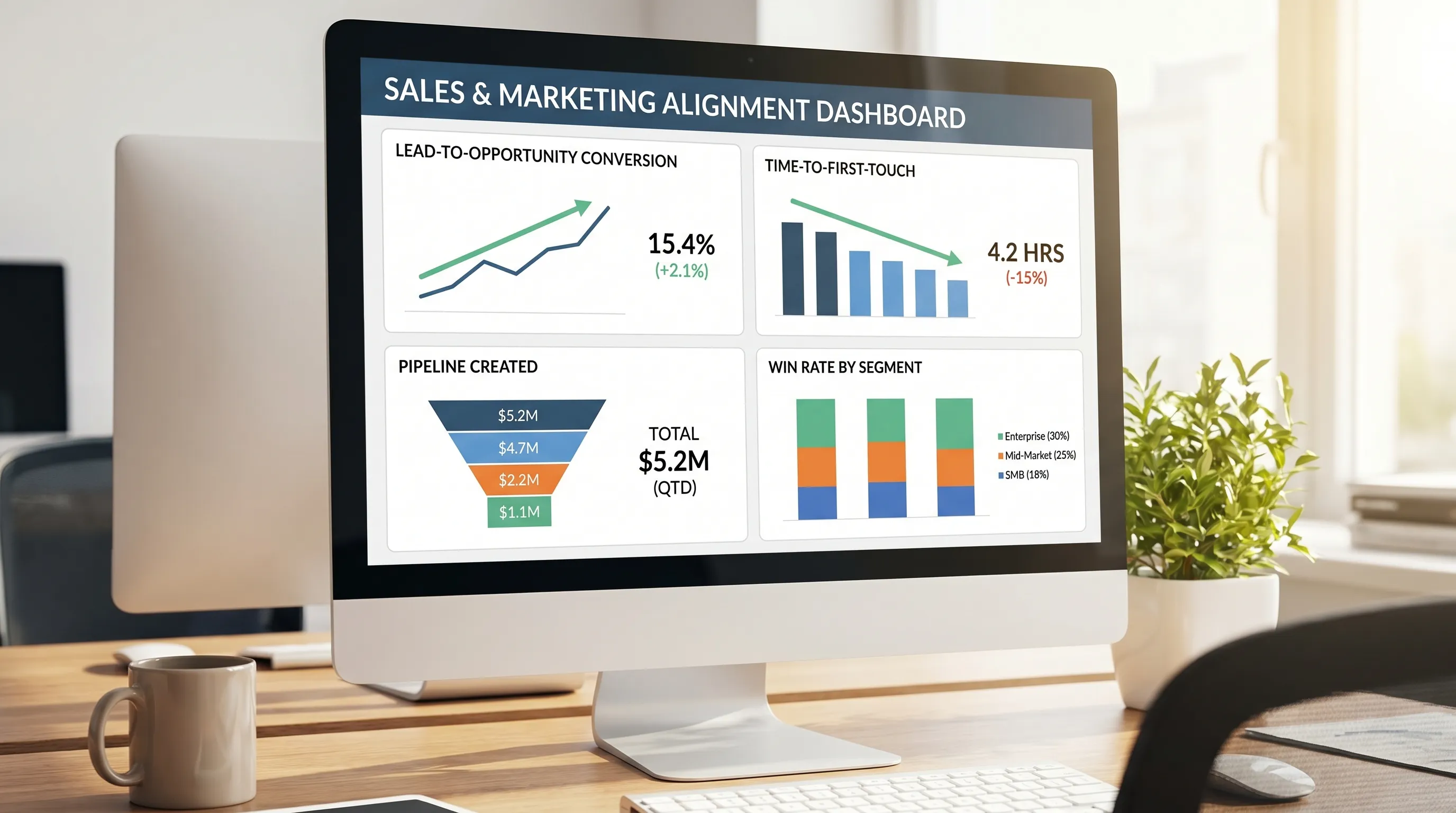 A simple dashboard view showing aligned sales and marketing metrics, including lead-to-opportunity conversion, time-to-first-touch, pipeline created, and win rate by segment.