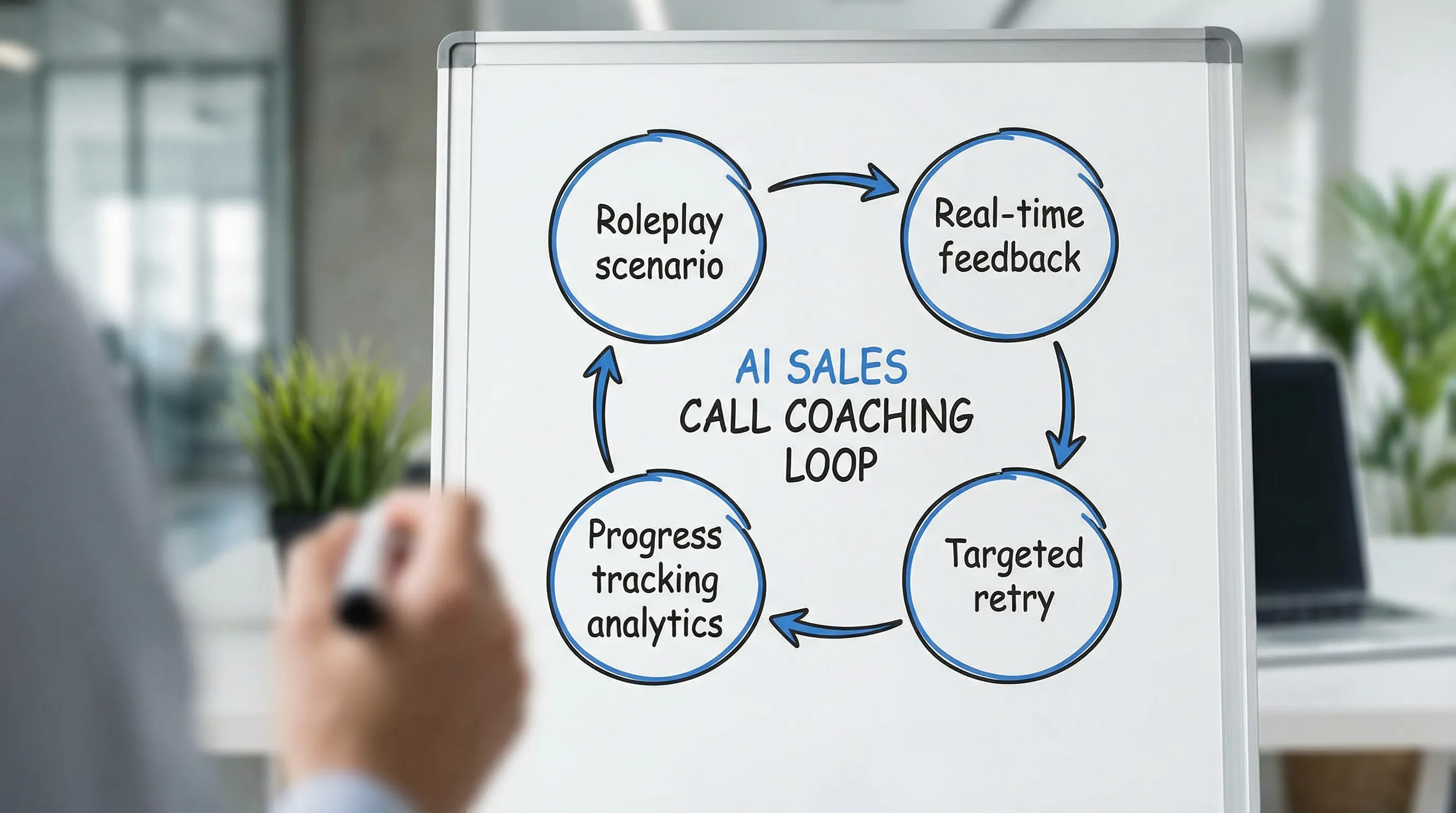 A simple diagram showing the AI sales call coaching loop with four steps: “Roleplay scenario,” “Real-time feedback,” “Targeted retry,” and “Progress tracking analytics,” arranged in a clean circular flow.