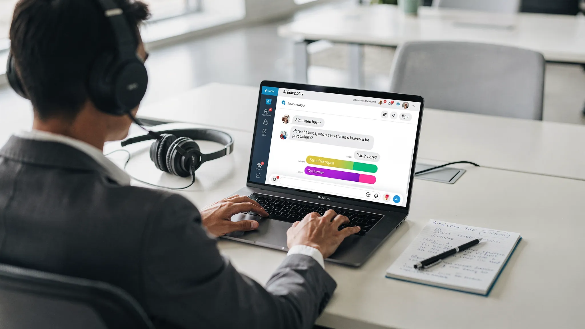 A sales team member at a modern desk practicing a discovery call with an AI roleplay interface on a laptop, the screen shows a simulated buyer message and real time feedback indicators, a notepad and headset sit nearby in a bright workspace.